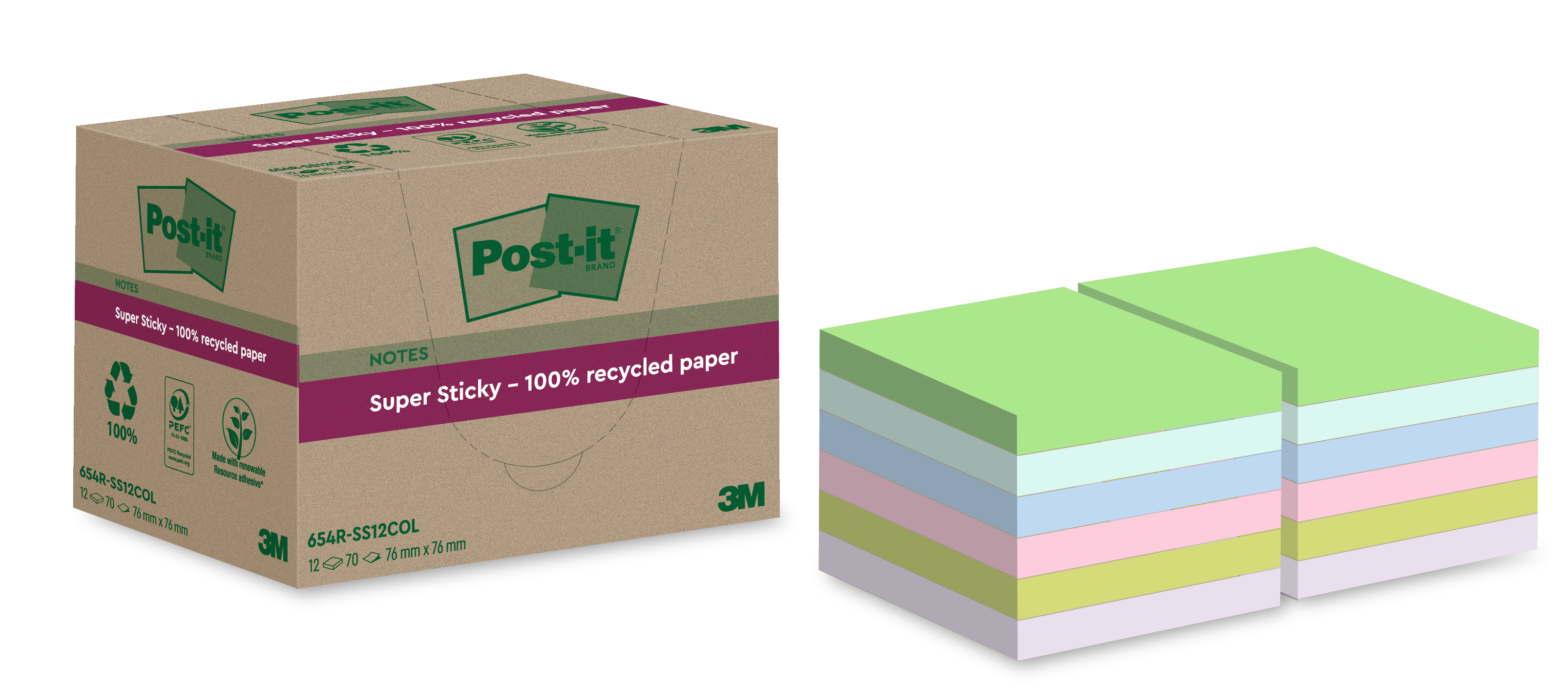 POST-IT SuperSticky Notes 76x76mm 654 RSS12COL Recycling,assort. 12x70 flls.