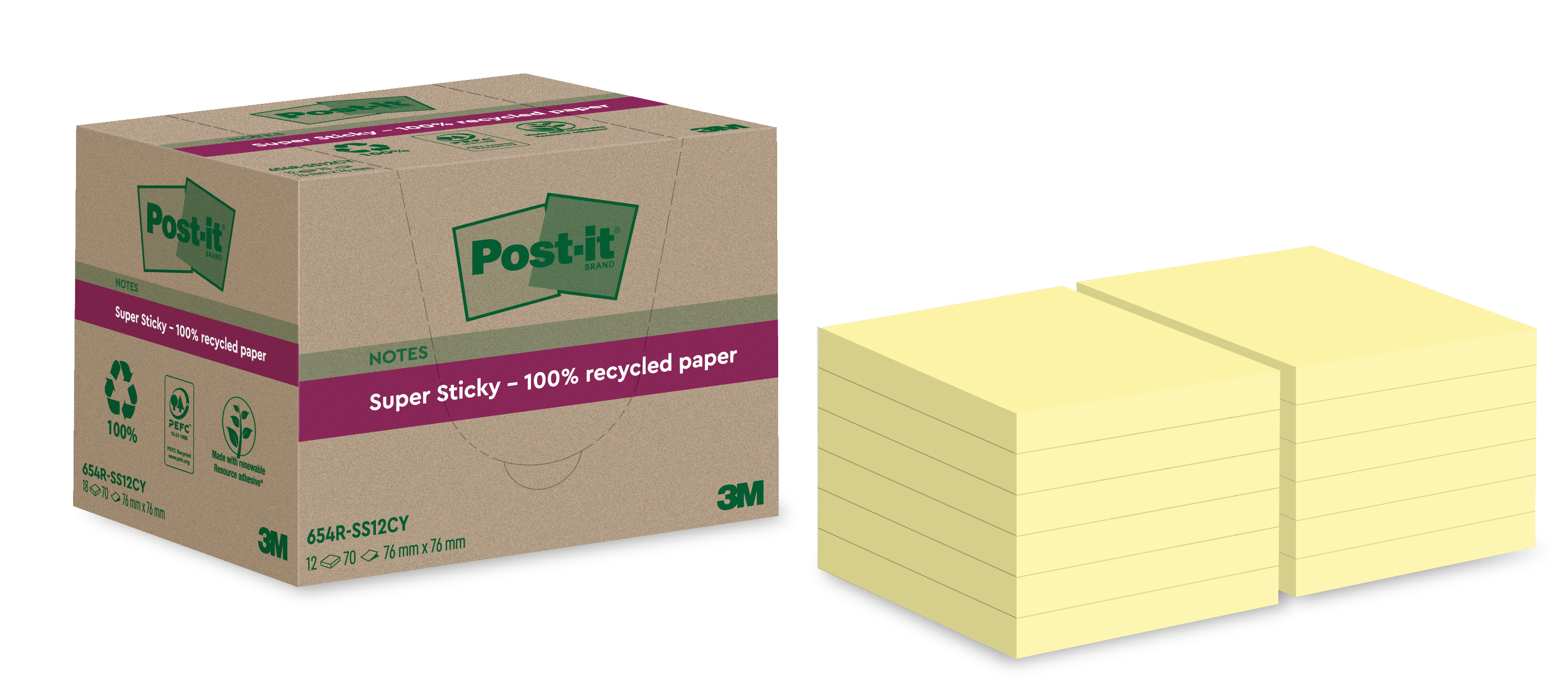 POST-IT SuperSticky Notes 76x76mm 654 RSS12CY Recycling,jaune 12x70 flls.