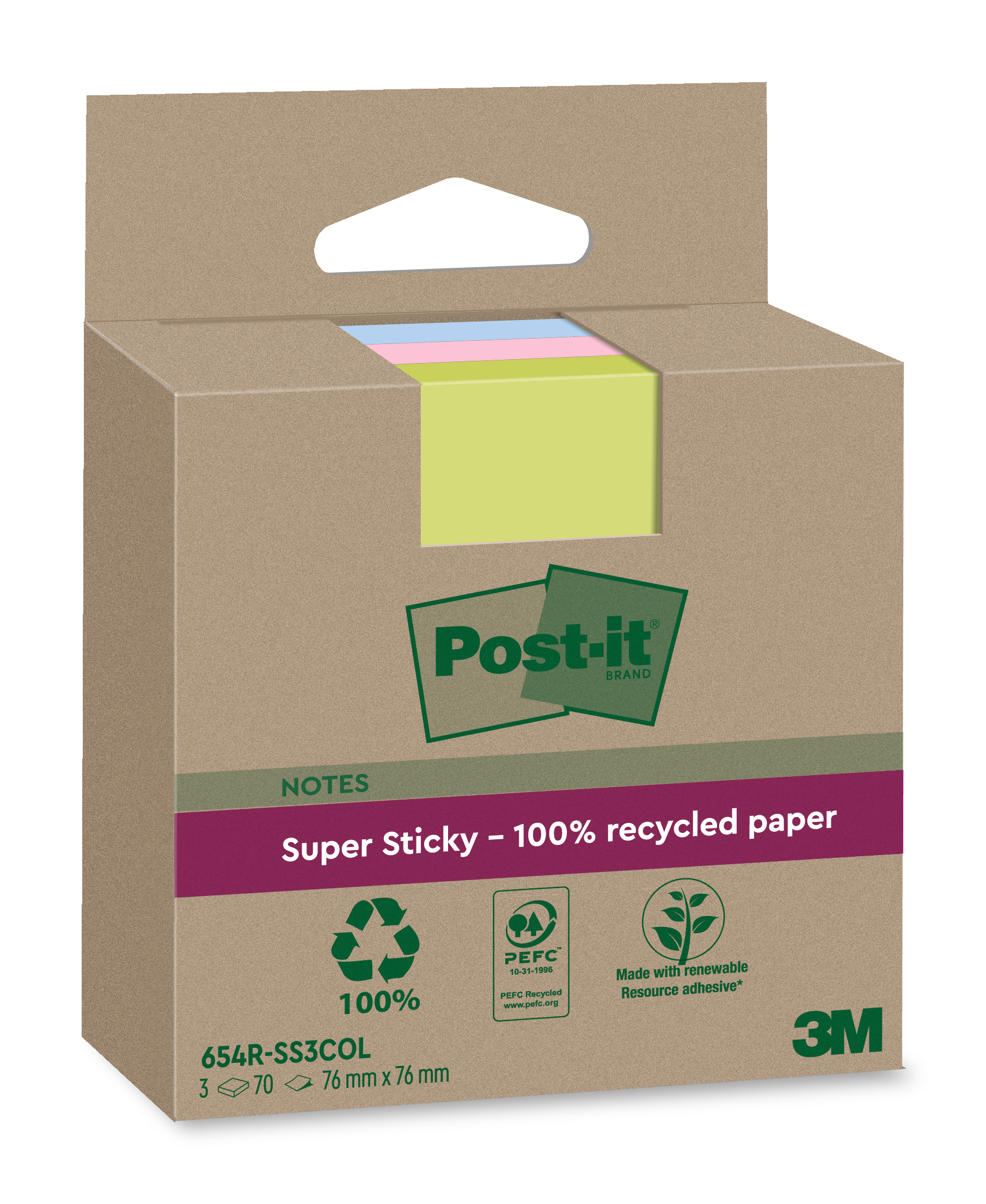 POST-IT SuperSticky Notes 76x76mm 654 RSS3COL Recycling,assort. 3x70 Blatt