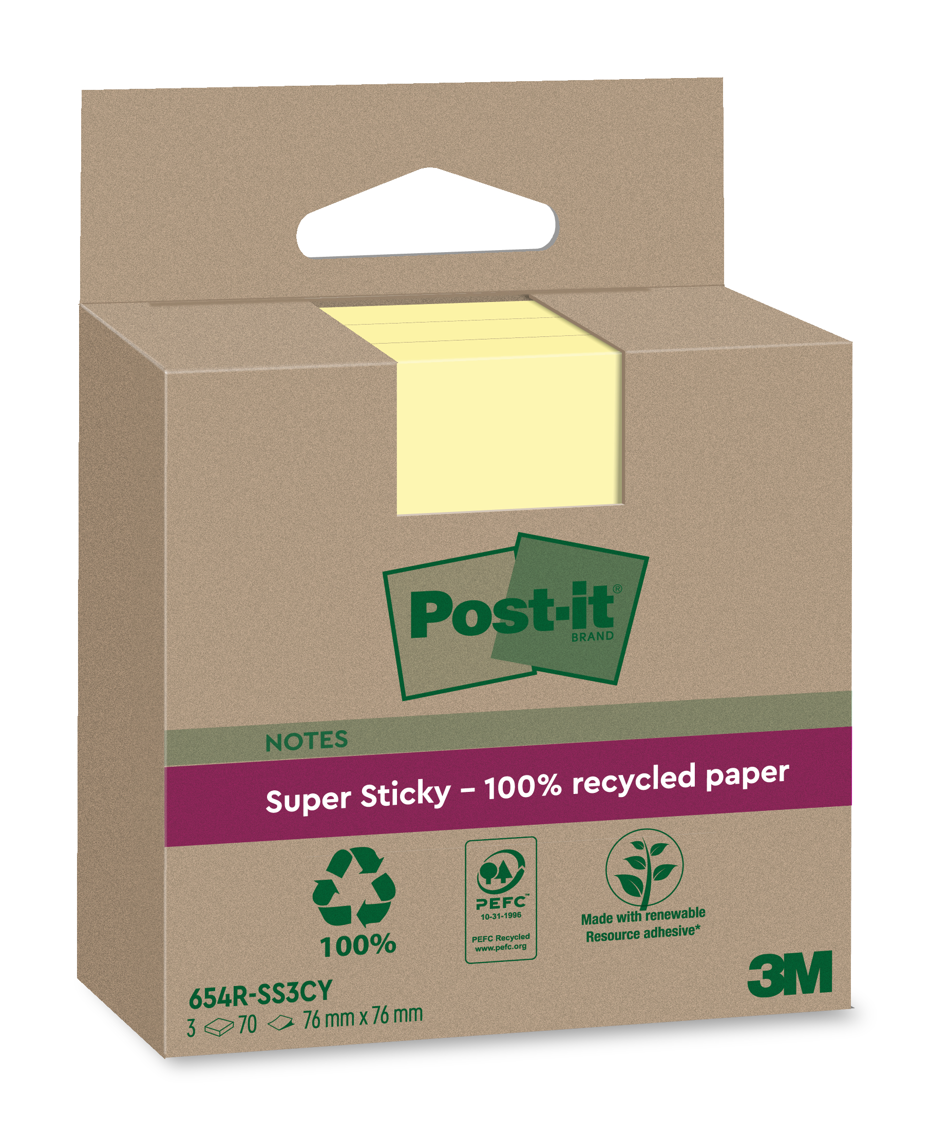 POST-IT SuperSticky Notes 76x76mm 654 RSS3CY Recycling,jaune 3x70 flls.