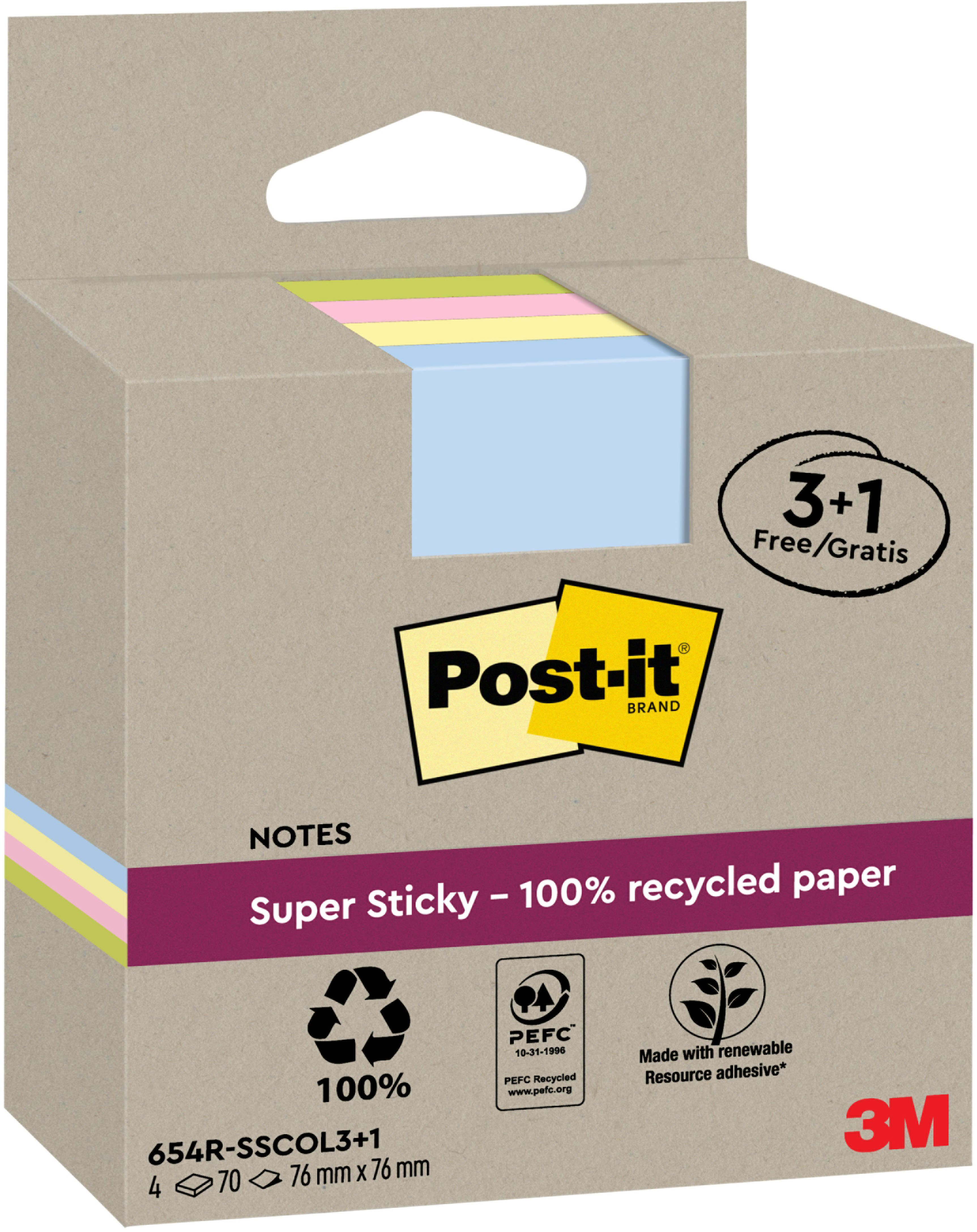 POST-IT SuperSticky Notes 76x76mm 654 RSSCOL 3+1F Recycling,assort. 4x70 Blatt