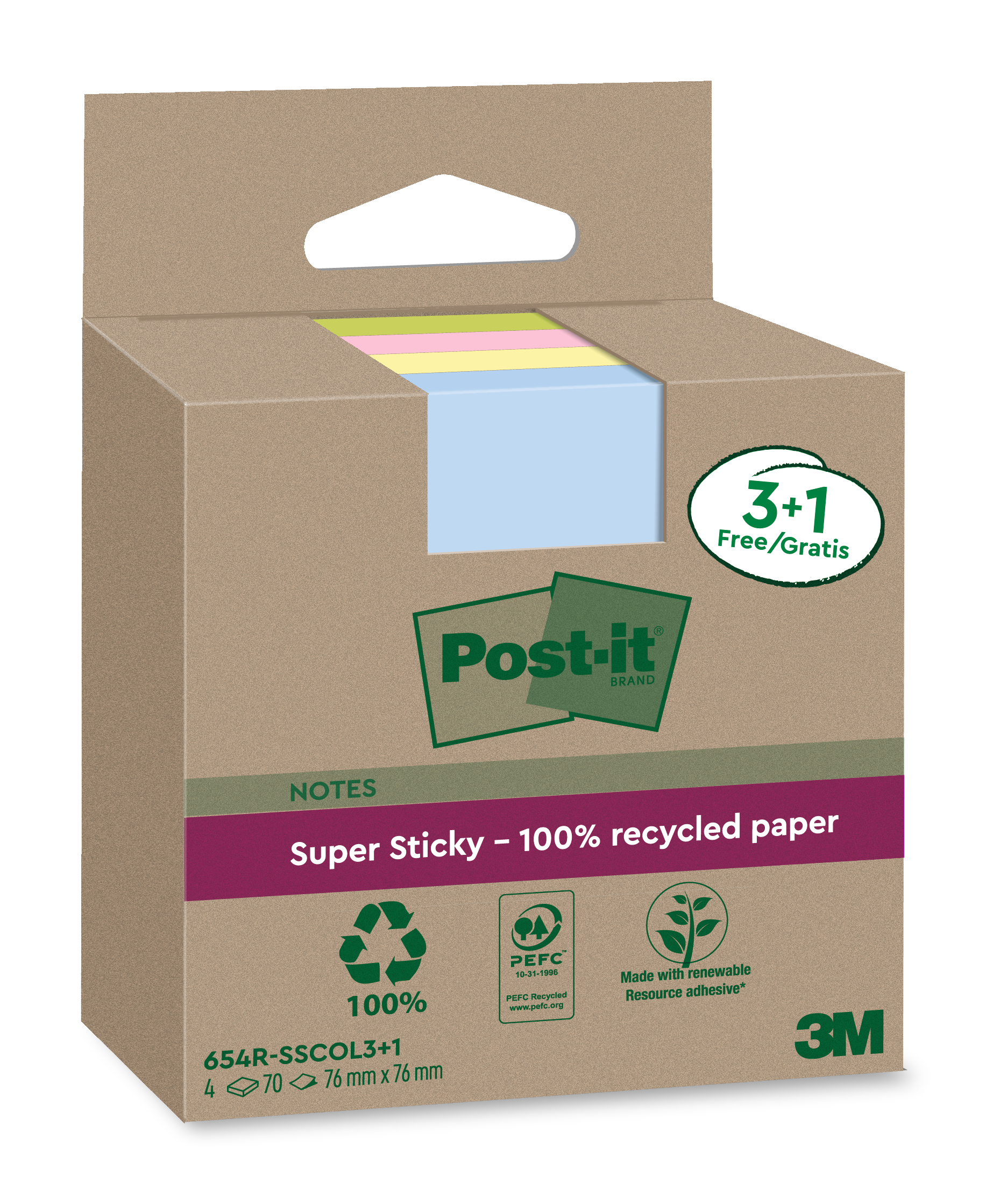 POST-IT SuperSticky Notes 76x76mm 654 RSSCOL 3+1F Recycling,assort. 4x70 flls.