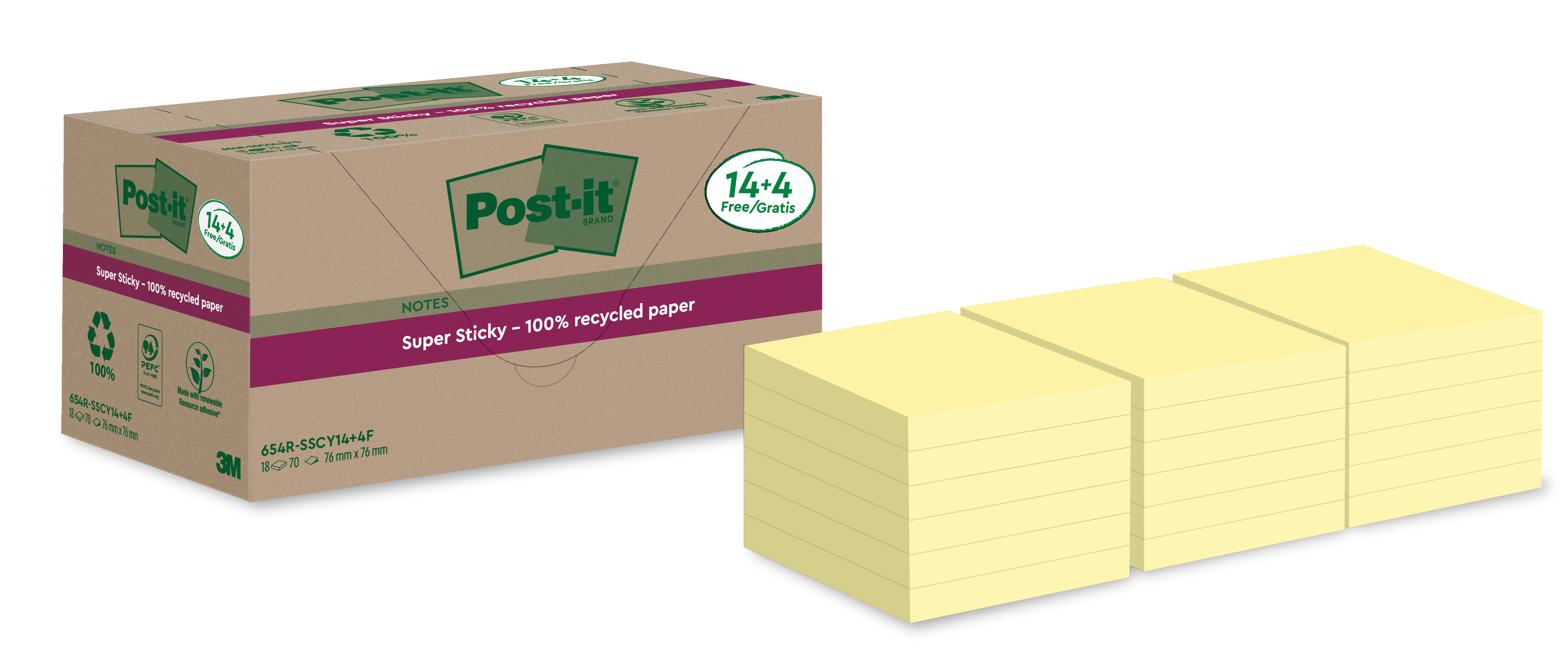 POST-IT SuperSticky Notes 76x76mm 654 RSSCY 14+4F Recycling, jaune 18x70 flls. Recycling, jaune 18x7