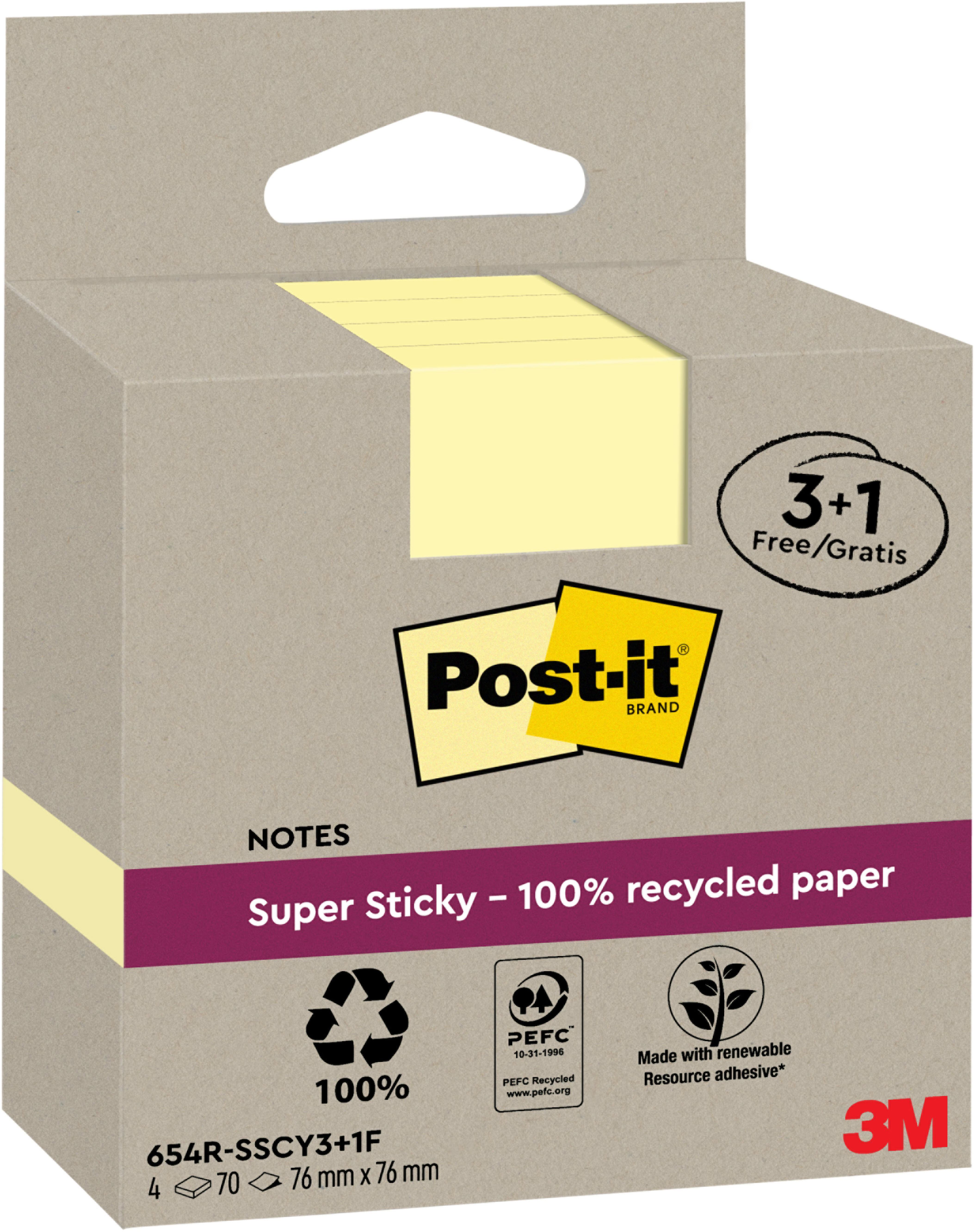 POST-IT SuperSticky Notes 76x76mm 654 RSSCY 3+1F Recycling,gelb 4x70 Blatt