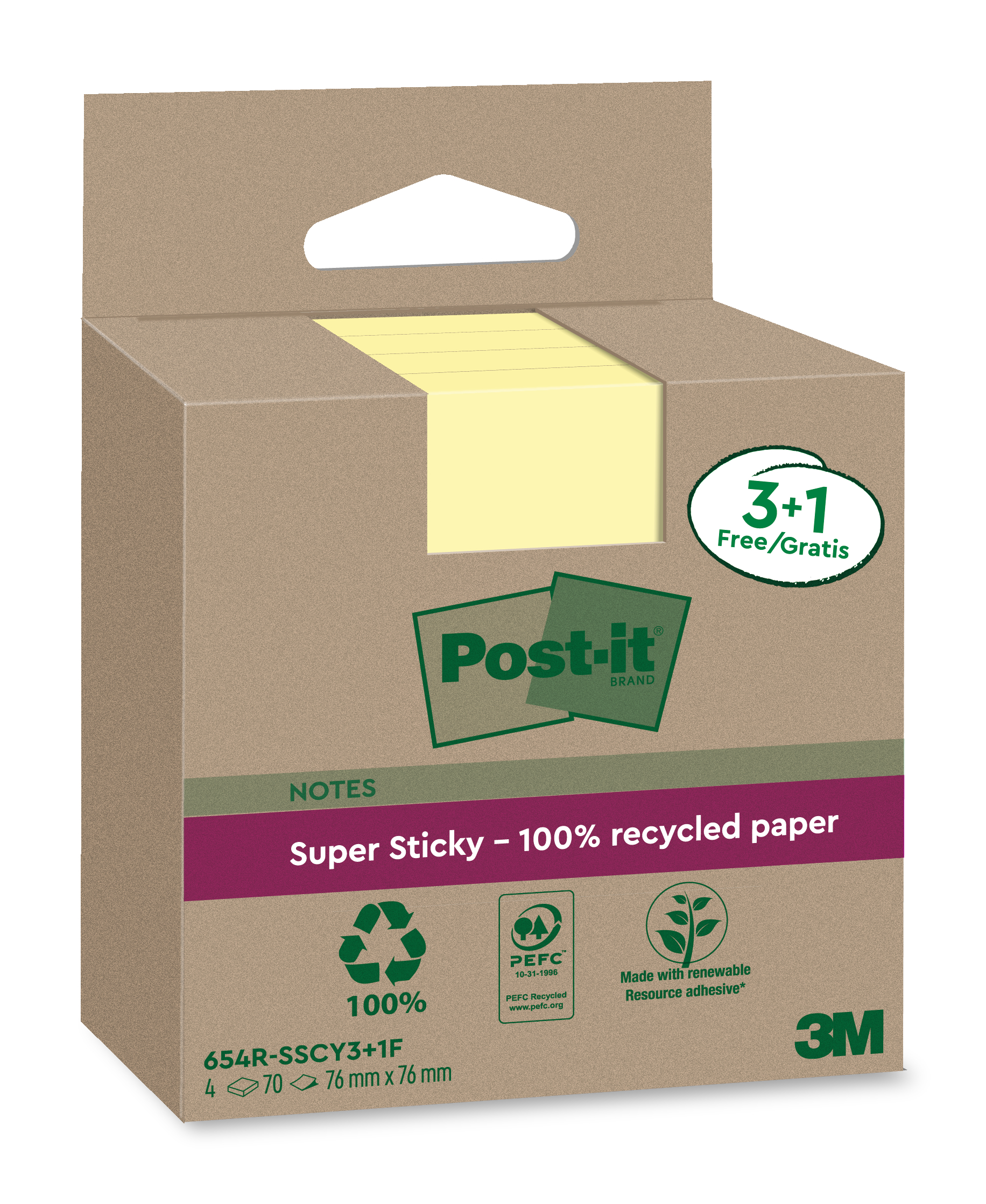 POST-IT SuperSticky Notes 76x76mm 654 RSSCY 3+1F Recycling,jaune 4x70 flls.