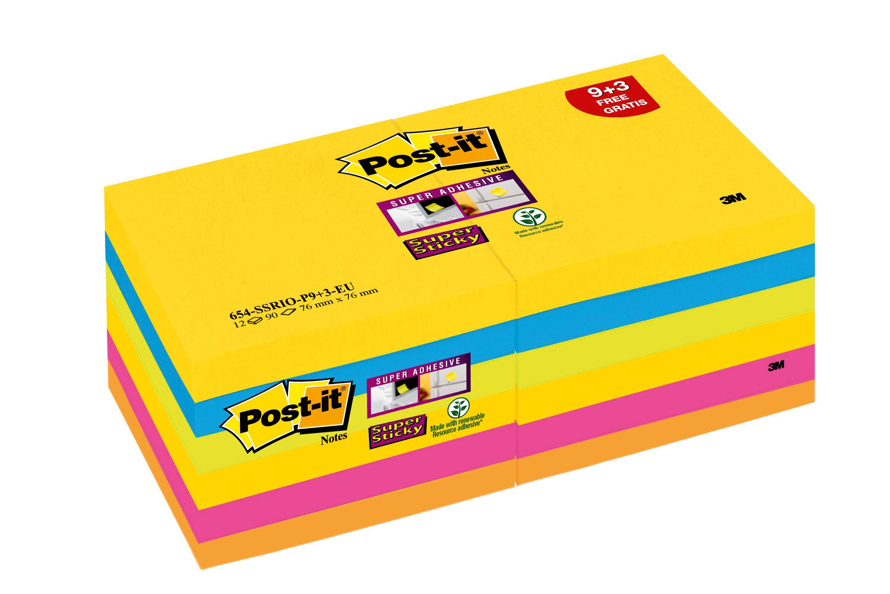 POST-IT Super Sticky Notes 76x76mm 654-SS-CARN-P8+4 Carnival 5 couleurs 12x90 flls