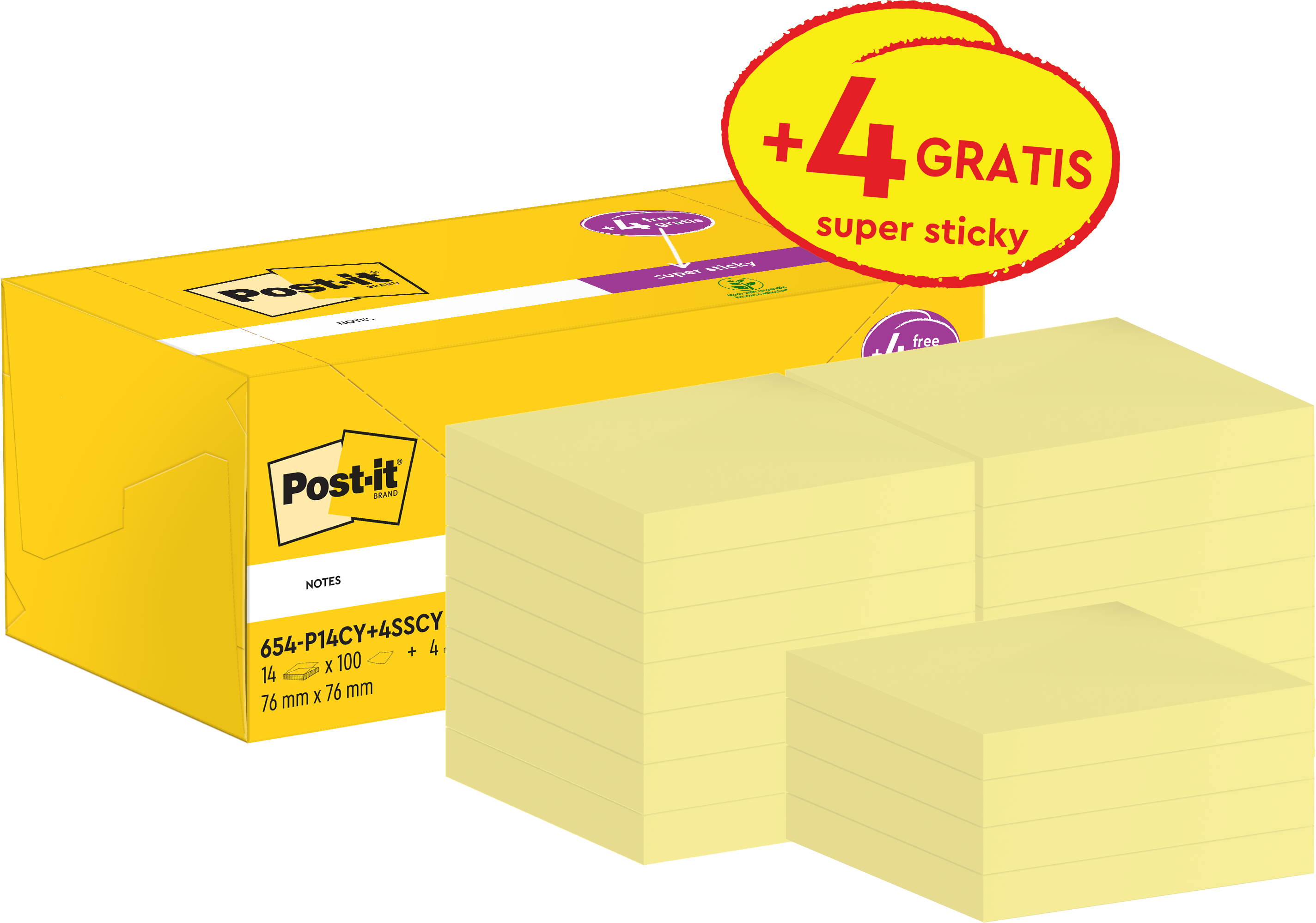 POST-IT Notes Promo Pack 77x76mm 654P14CY+ canary yellow 14+4