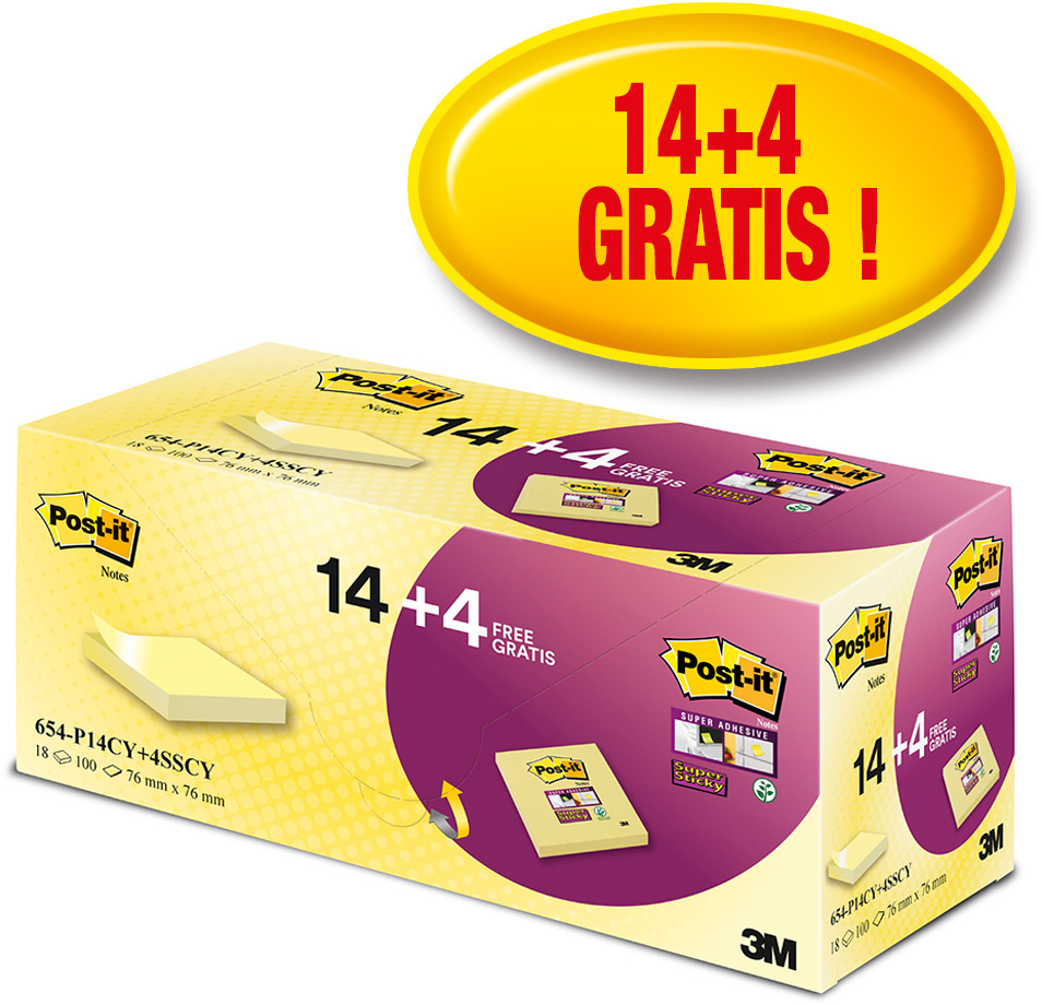 POST-IT Paquet Promo Notes 77x76mm 654P14CY+ canary yellow 14+4 canary yellow 14+4
