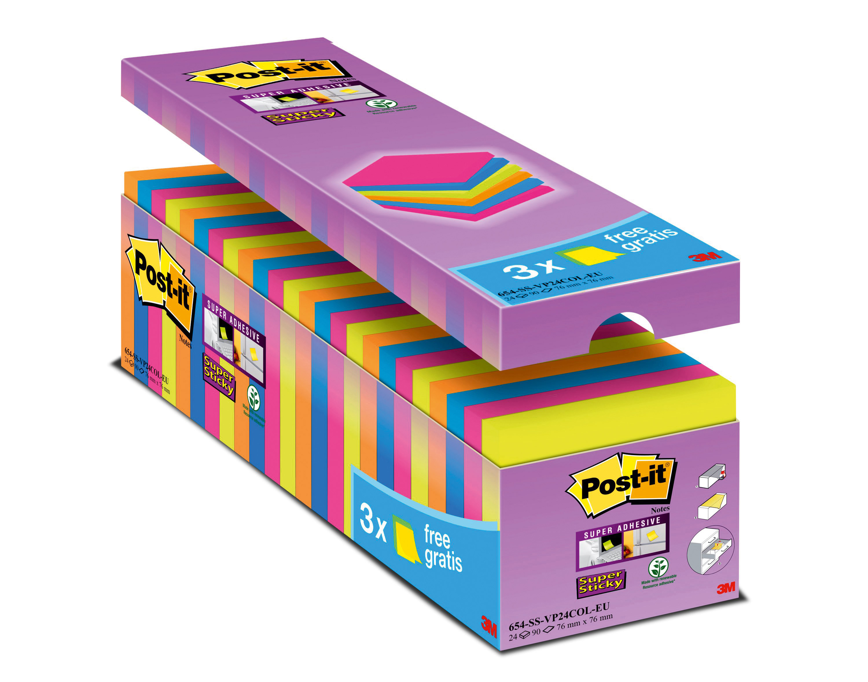 POST-IT Super Sticky Notes 76x76mm 654SE24 24 couleurs 24 x 90 flls.