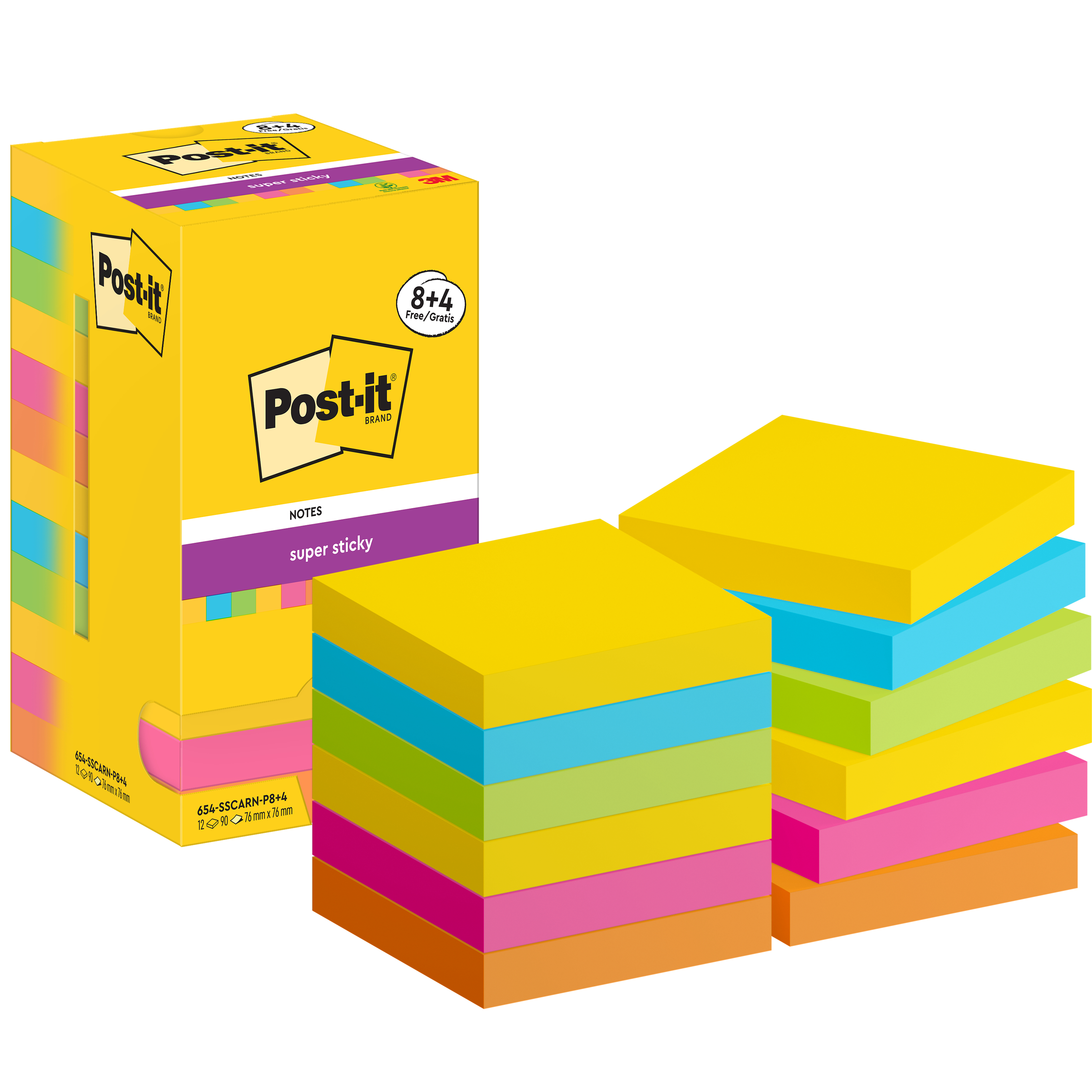 POST-IT Super Sticky Notes 76x76mm 654SSCARNP84 5-couleurs 12x90 feuilles