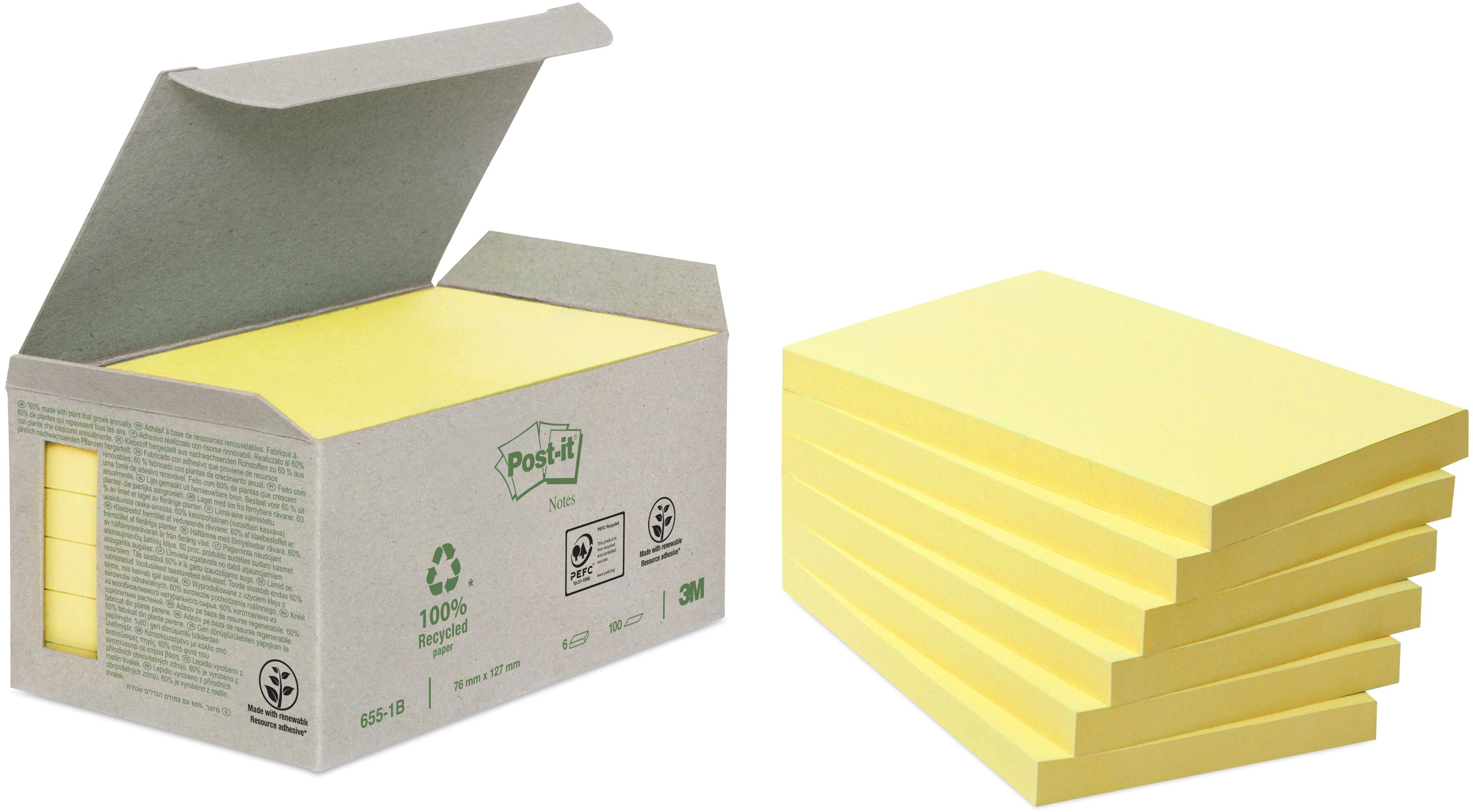 POST-IT Bloc-notes Recycling 126x76mm 655-1B jaune 6x100 feuilles