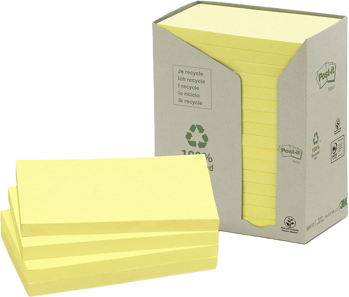 POST-IT Bloc-notes recycl. 127x76mm 655-1T jaune, 16x100 flls.