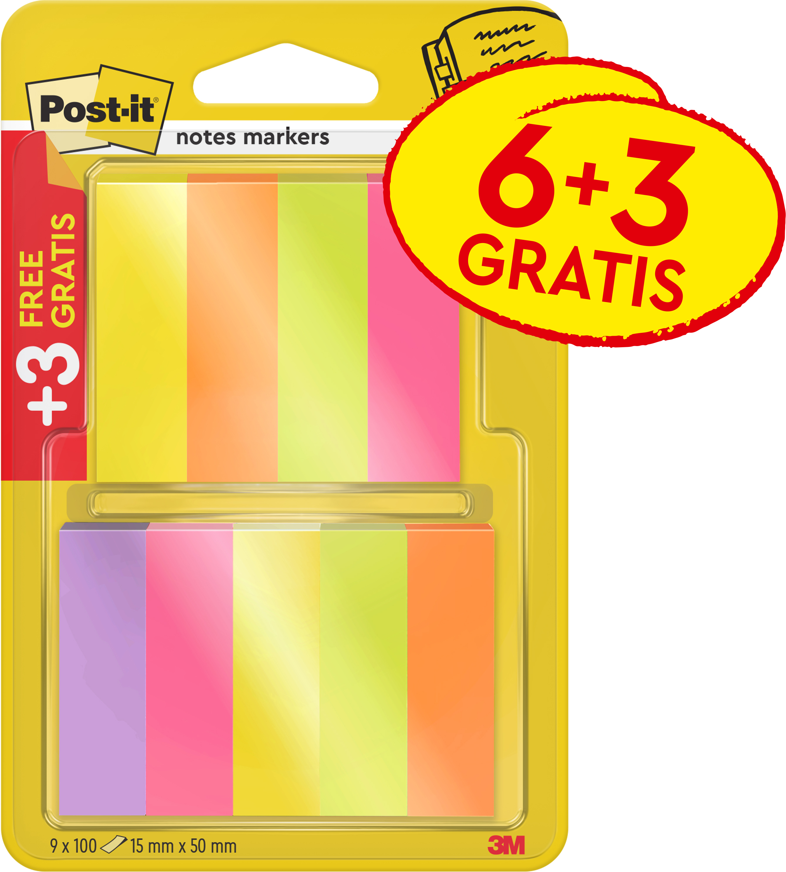 POST-IT Index Paper 15x50mm 670-P6+3 5 -farbig ass. 9x100 Blatt