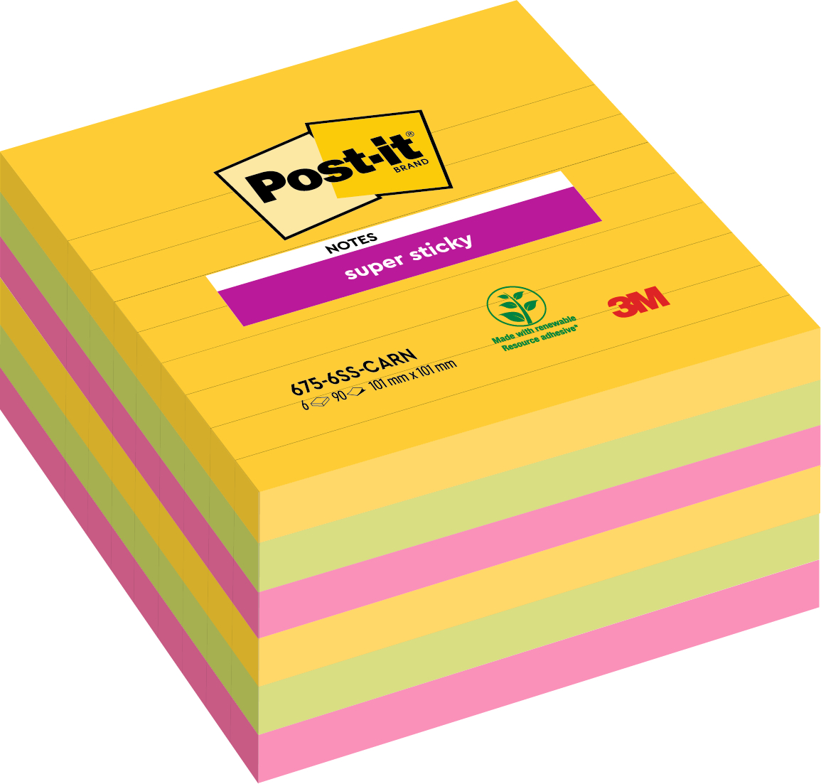 POST-IT XL-Notes Carnival 101x101mm 6756SSCAR 3-farbig 6x90 Blatt