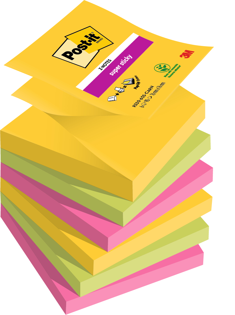 POST-IT Super Sticky Z-Notes R330-6SS-CARN 3-couleurs 6x90 flls. 76x76mm