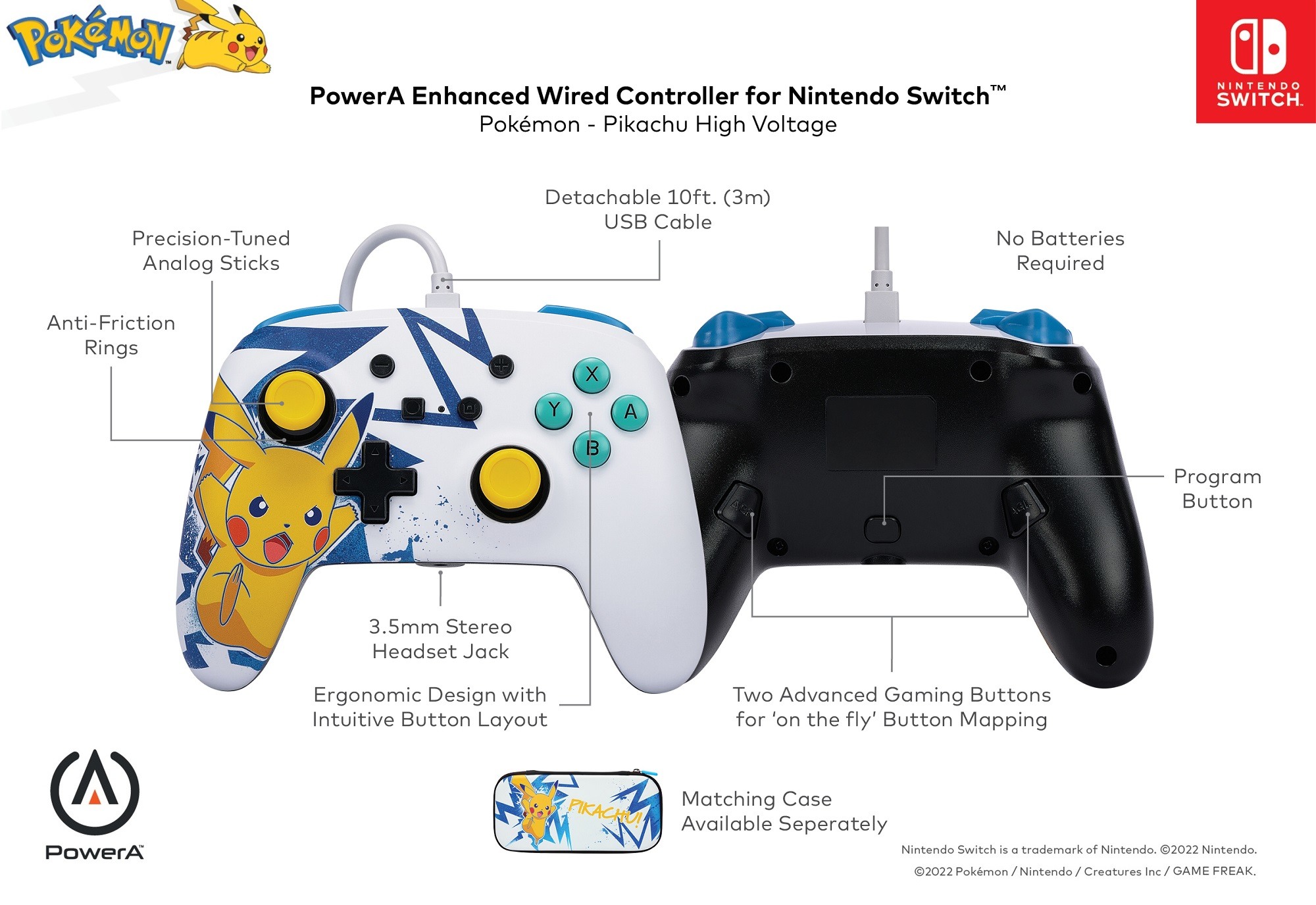 POWER A Enhanced Wired Controller NSGP0041-01 Pikachu High Voltage, NSW