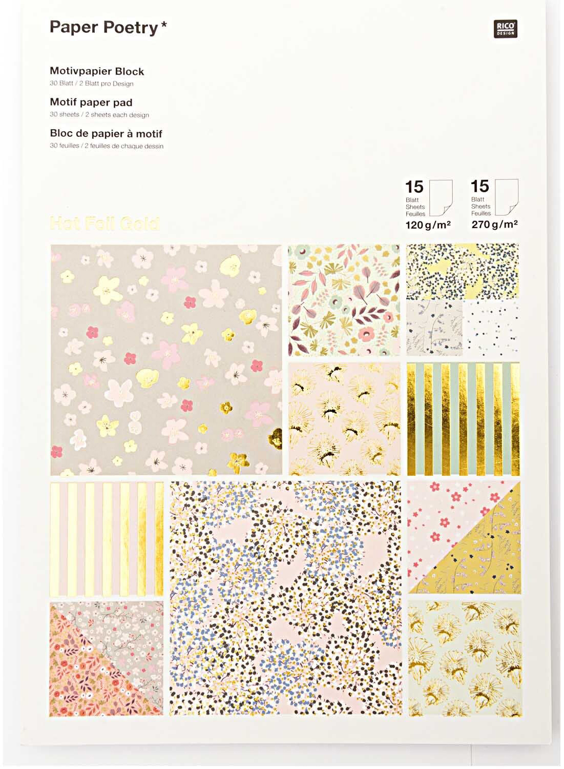 photo RICO DESIGN Bloc de papier à motifs A4 0 Bouquet Sauvage 120g, 30 feui.