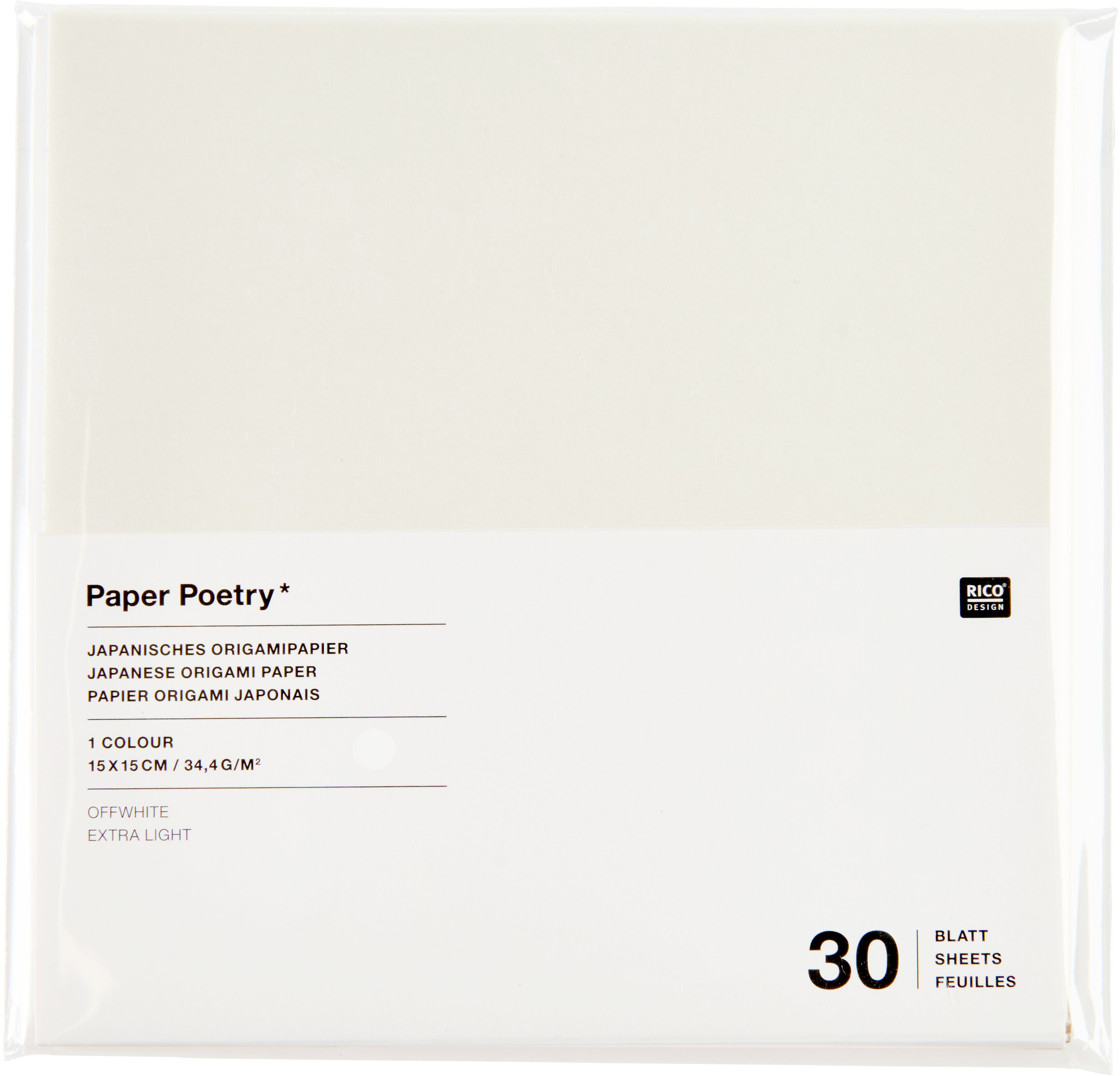 RICO DESIGN Faltblätter Origami 15x15cm 302620 Offwhite, Extra Light 30 Blatt