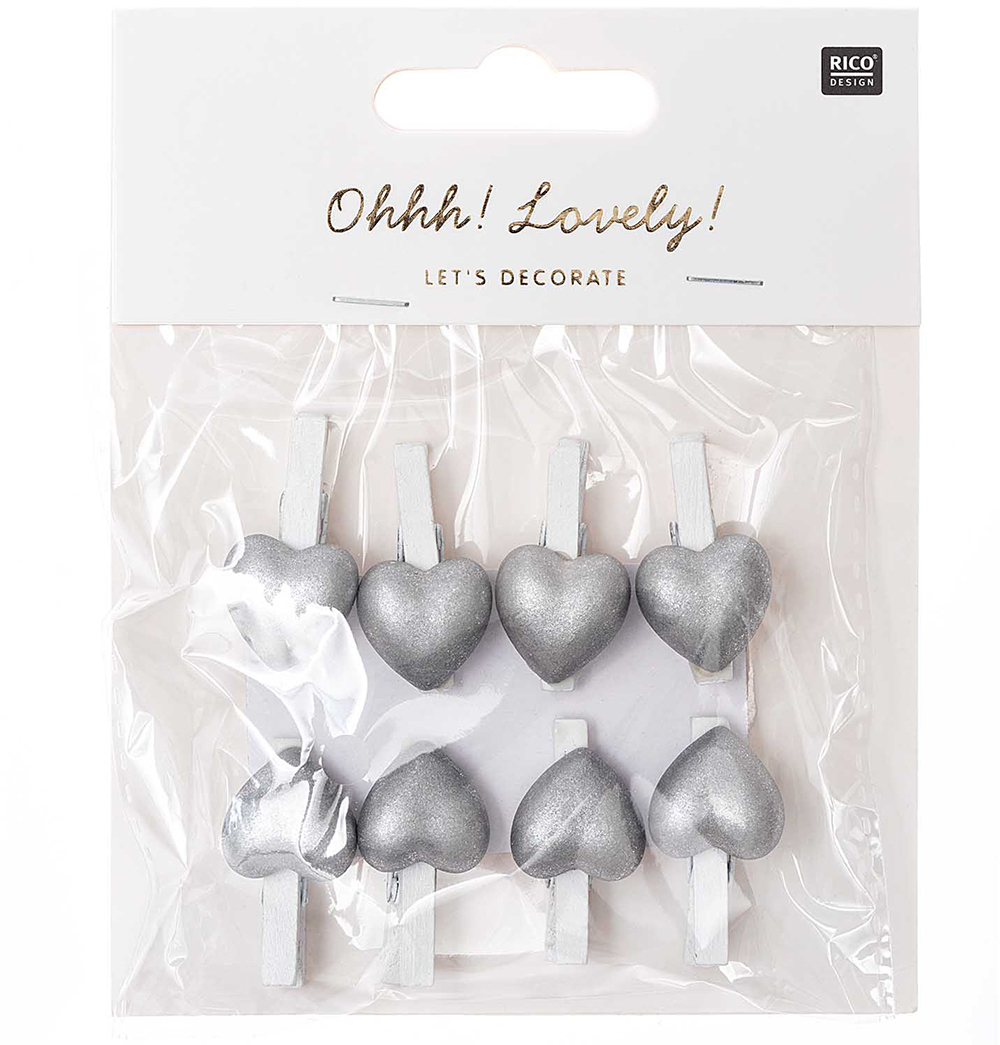photo RICO DESIGN Pinces décoratives Coeurs 7040.26.18 blanc-argent, 8 pièces