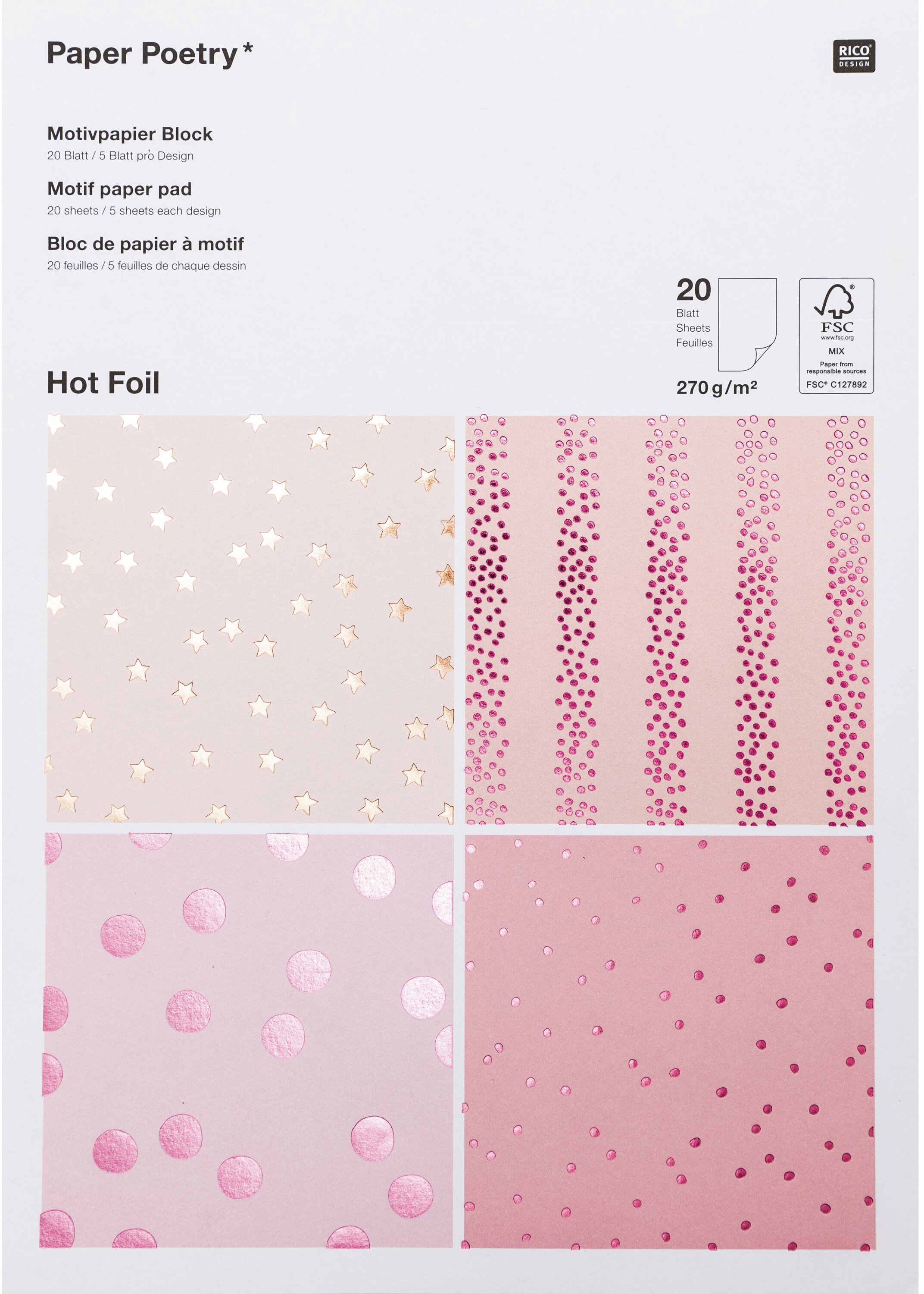 photo RICO DESIGN Papier motifs Hot Foil 99001.50.53 270g, Framboise Mix 20 feuil.