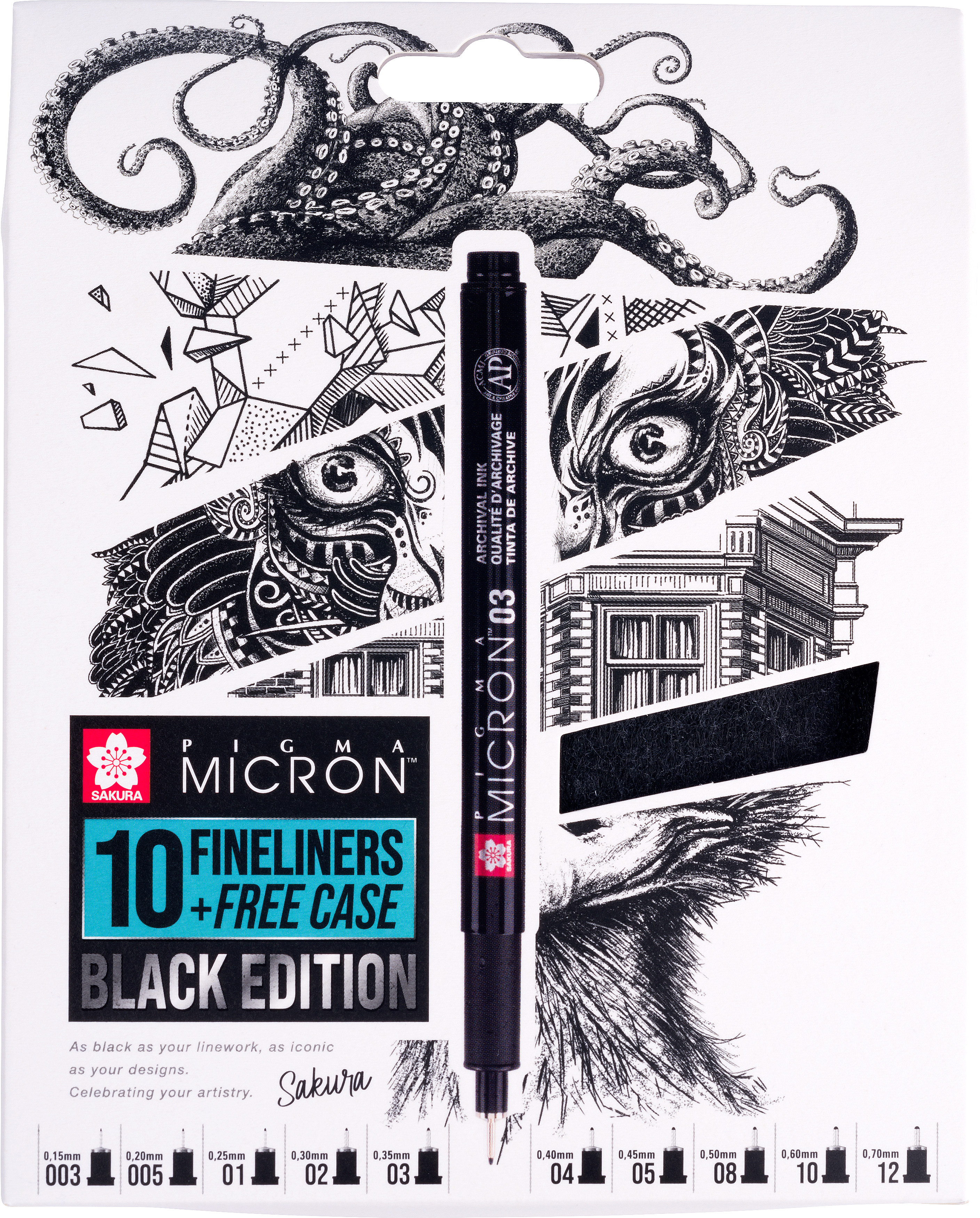 SAKURA Pigma Micron Set 0.03-1.2mm POXSDKB10 avec étui à stylos 10 pièces