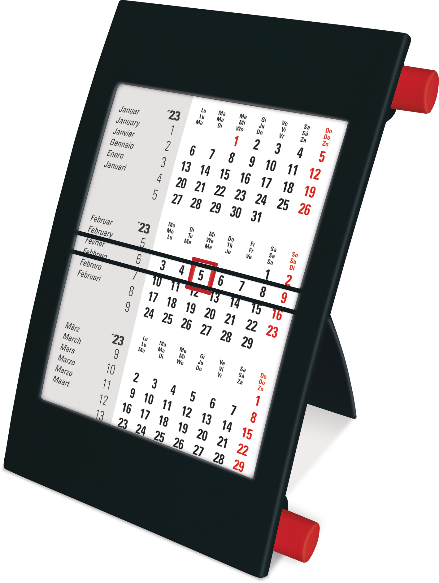 Tischkalender 3-Mt. bk/rot 5001 11x16,5cm d/e/f/i/sp/n 2021