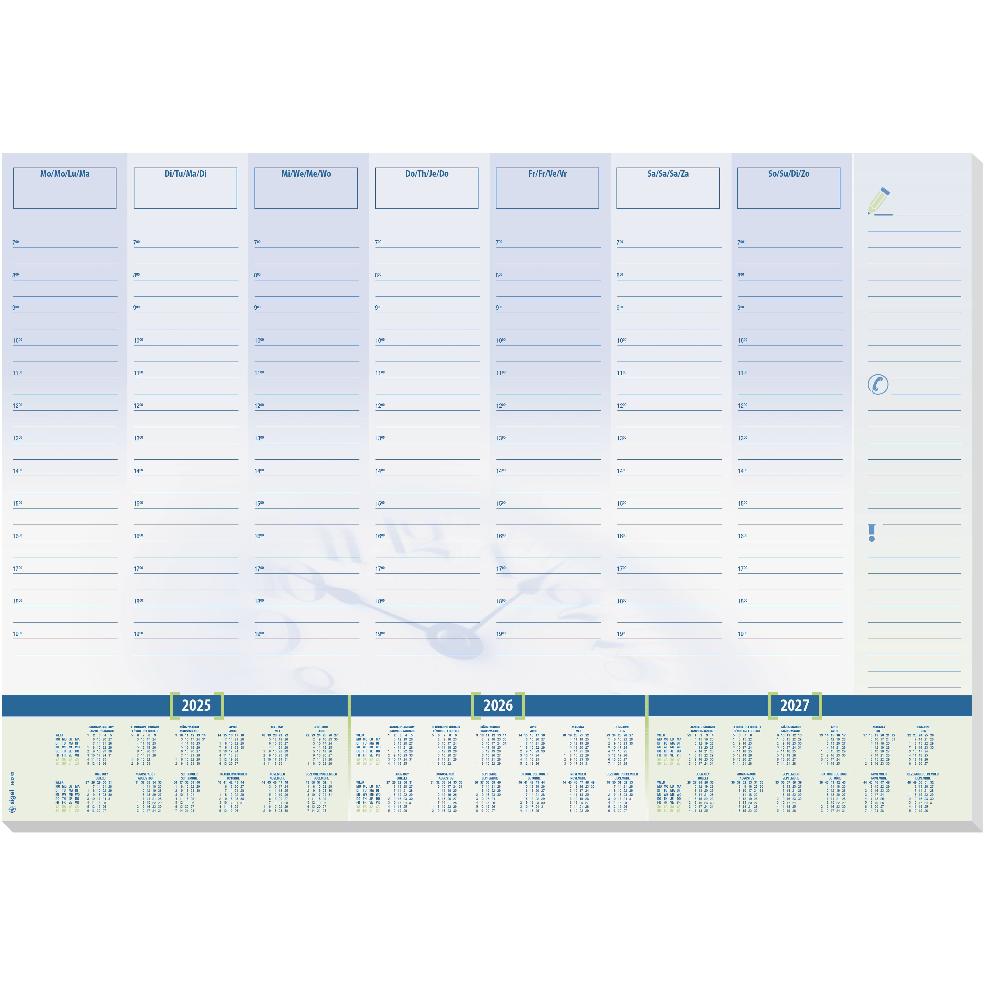 photo SIGEL Sous-main Time, 3J. 59.5x41cm H6350 bleu, inscript., Lu-Di 30flls.