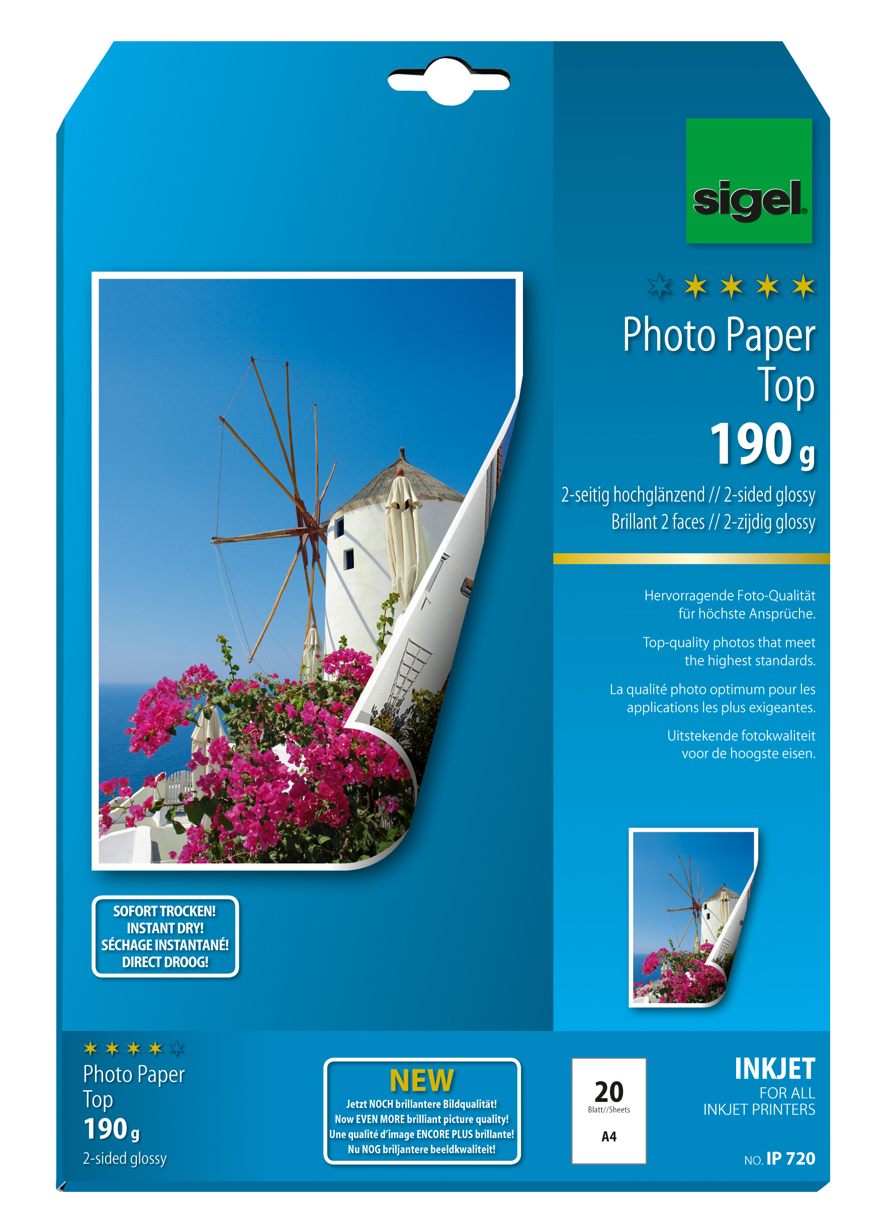 SIGEL InkJet Photo Paper A4 IP720 190g,glossy, blanc 20 feuilles