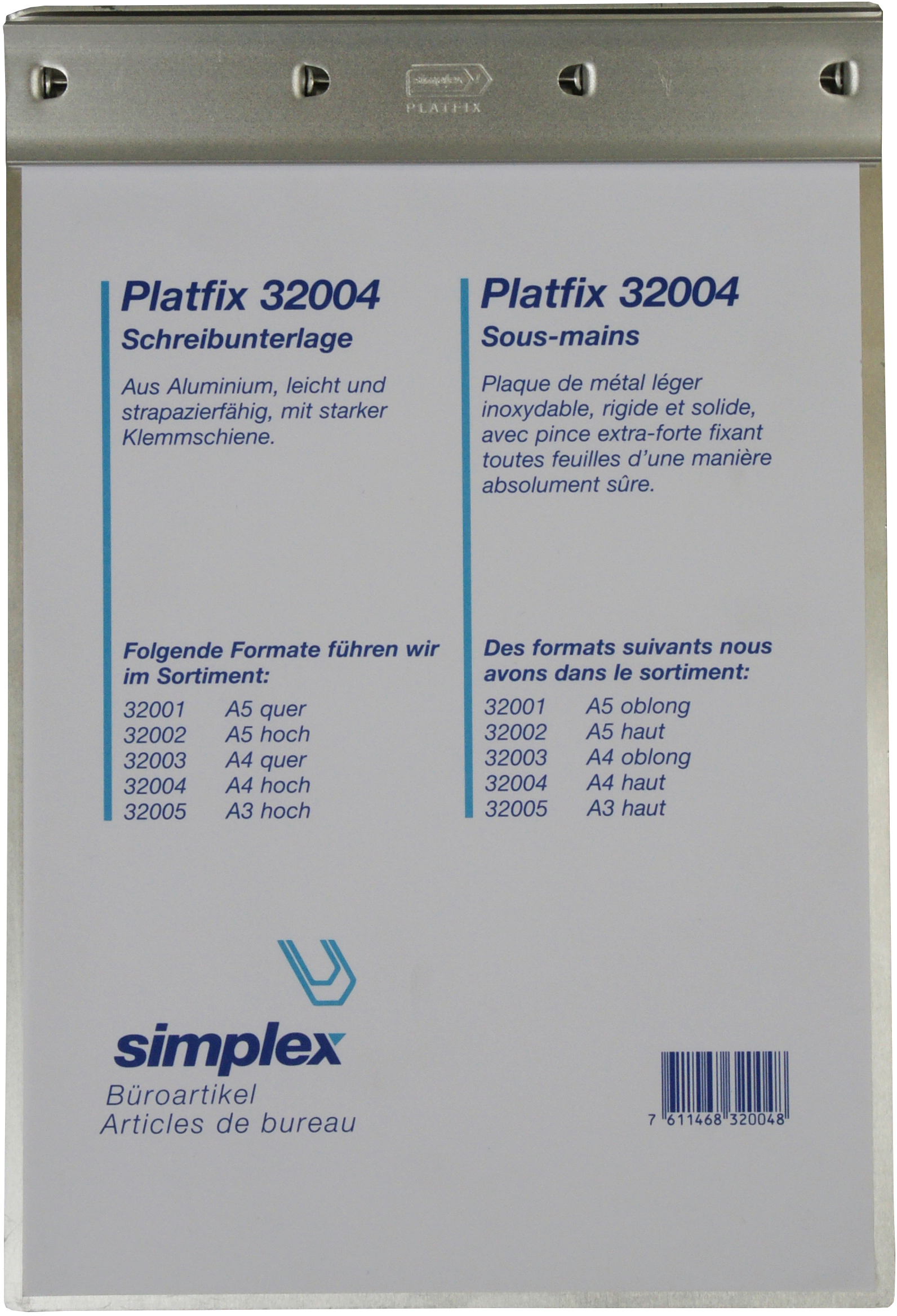 SIMPLEX Sous-main Platfix 32004 aluminium, pour A4 française