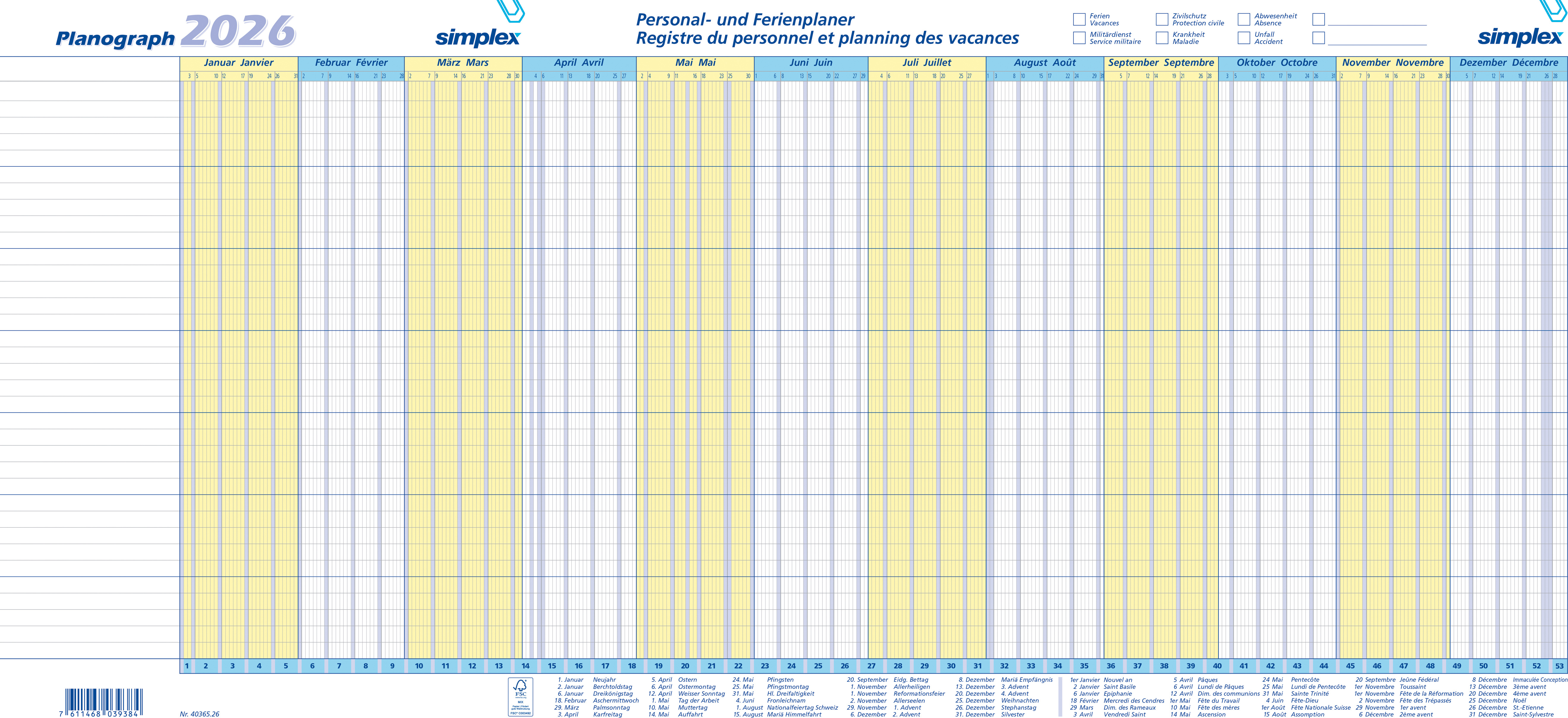 SIMPLEX Planograph 10 pièces 2026 40365 1A/1P DE/FR 64x29.6cm