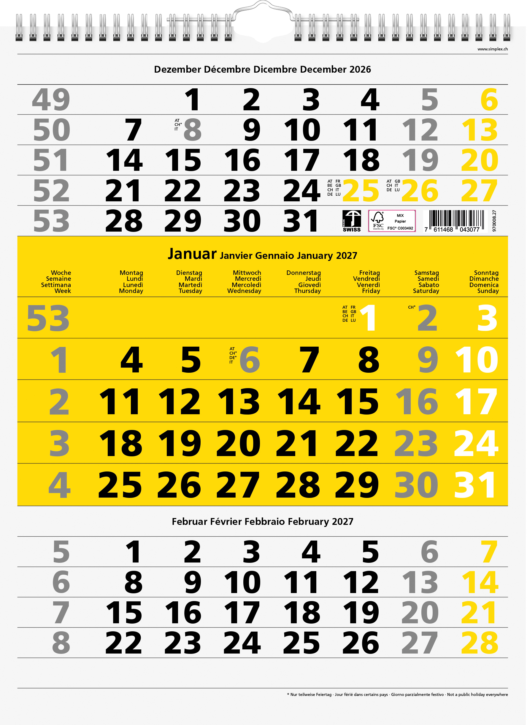 photo SIMPLEX Cal. mural 3 mois 2027 970008.27 3M/1P jaune 31x40cm