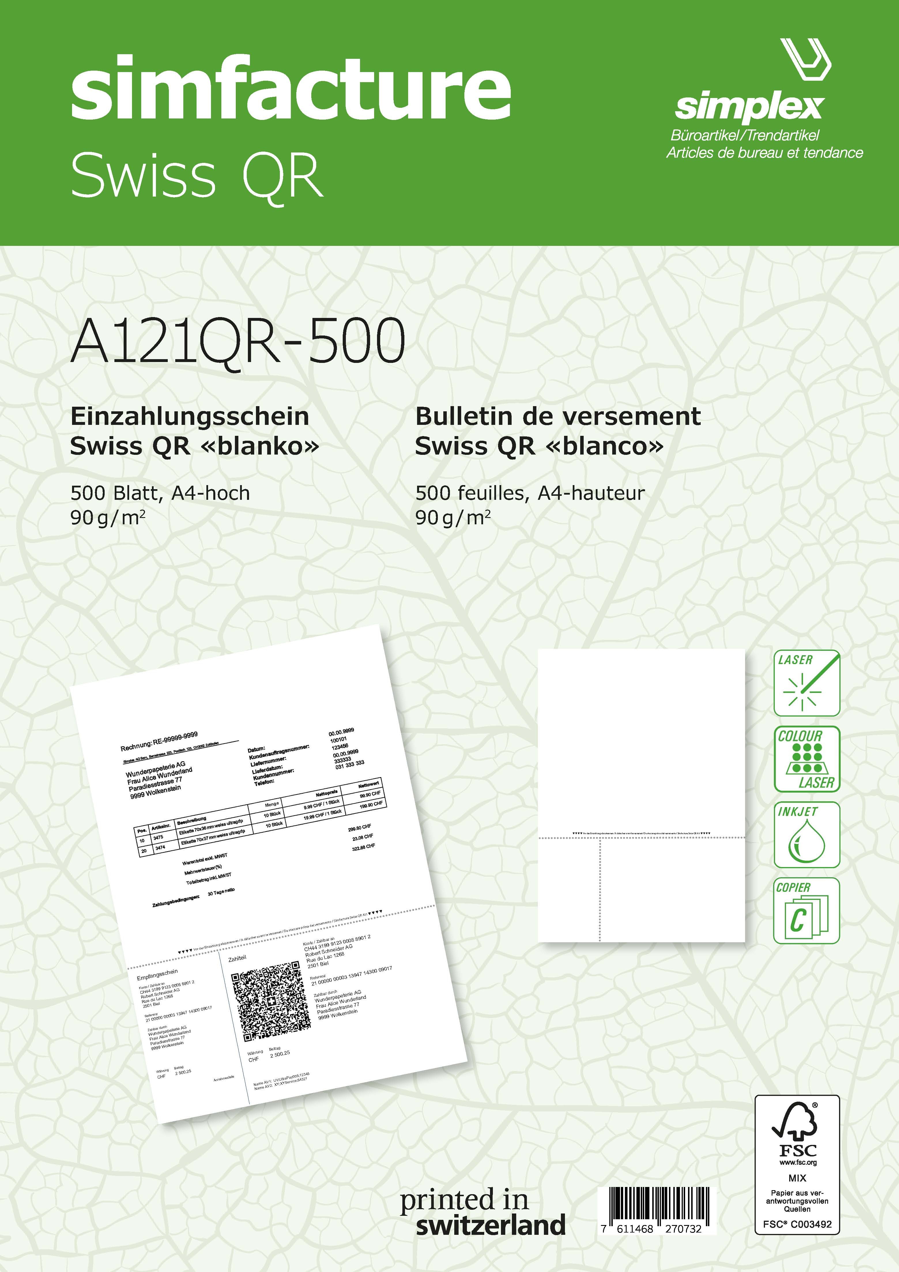 SIMPLEX Simfacture Swiss QR FSC A4 A121QR-500 universel, 90g 500 flls.