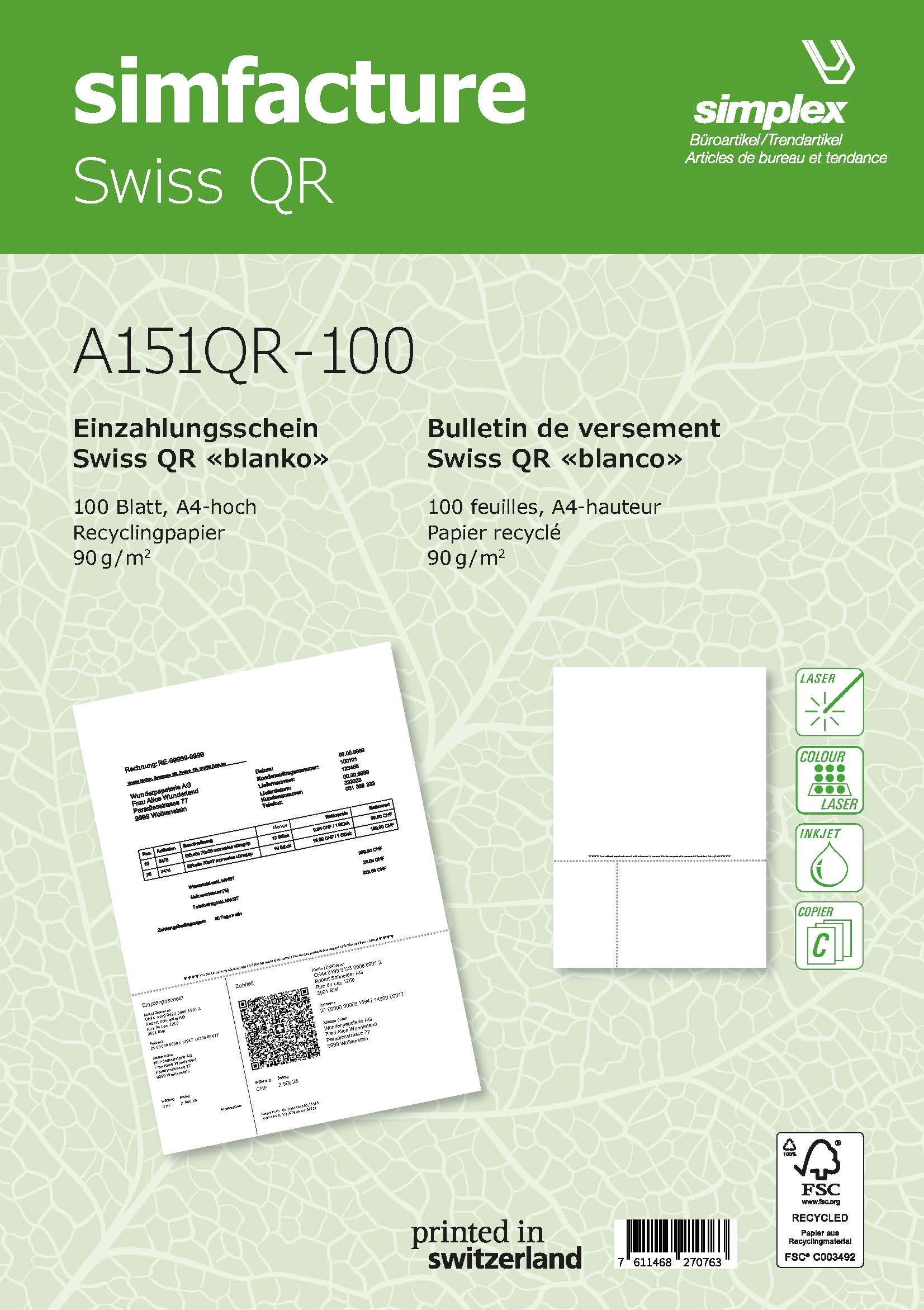 SIMPLEX Simfacture Swiss QR Recycl. A4 A151QR-100 universel, 90g 100 flls.