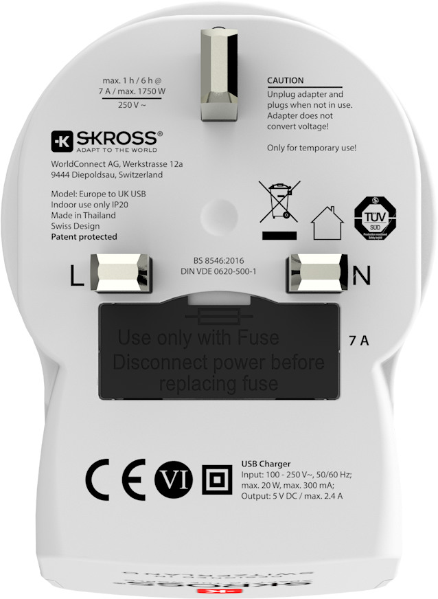 SKROSS Country Travel Adapter 1.500280 Europe to UK with USB