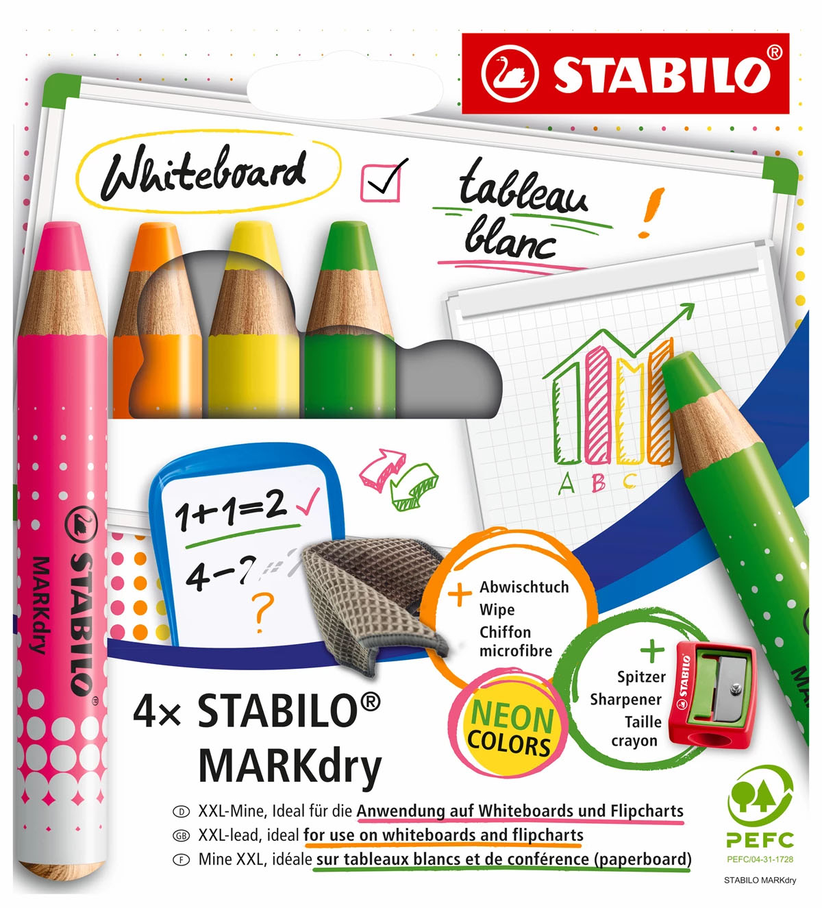 photo STABILO Whiteboardmarker MARKdry 648/4-01 Neon 4 pièces