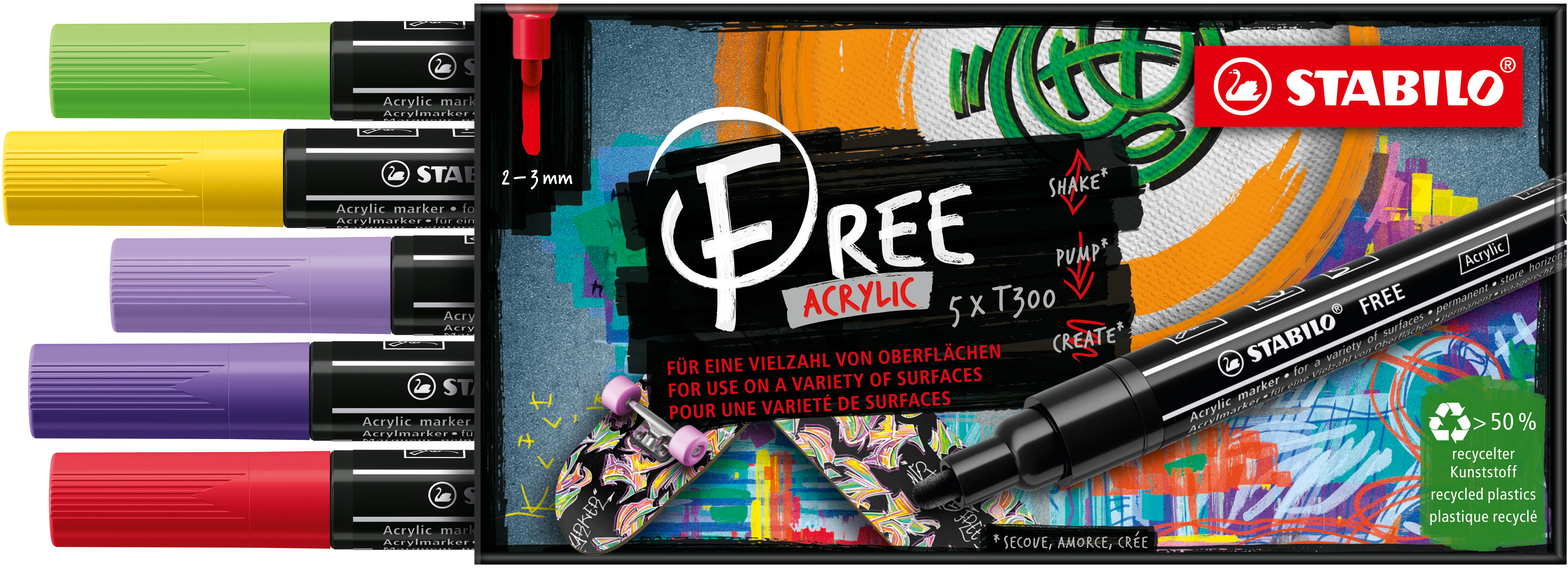 photo STABILO FREE Acrylic T300 2-3mm 692/5-03 Vibran Étui de 5