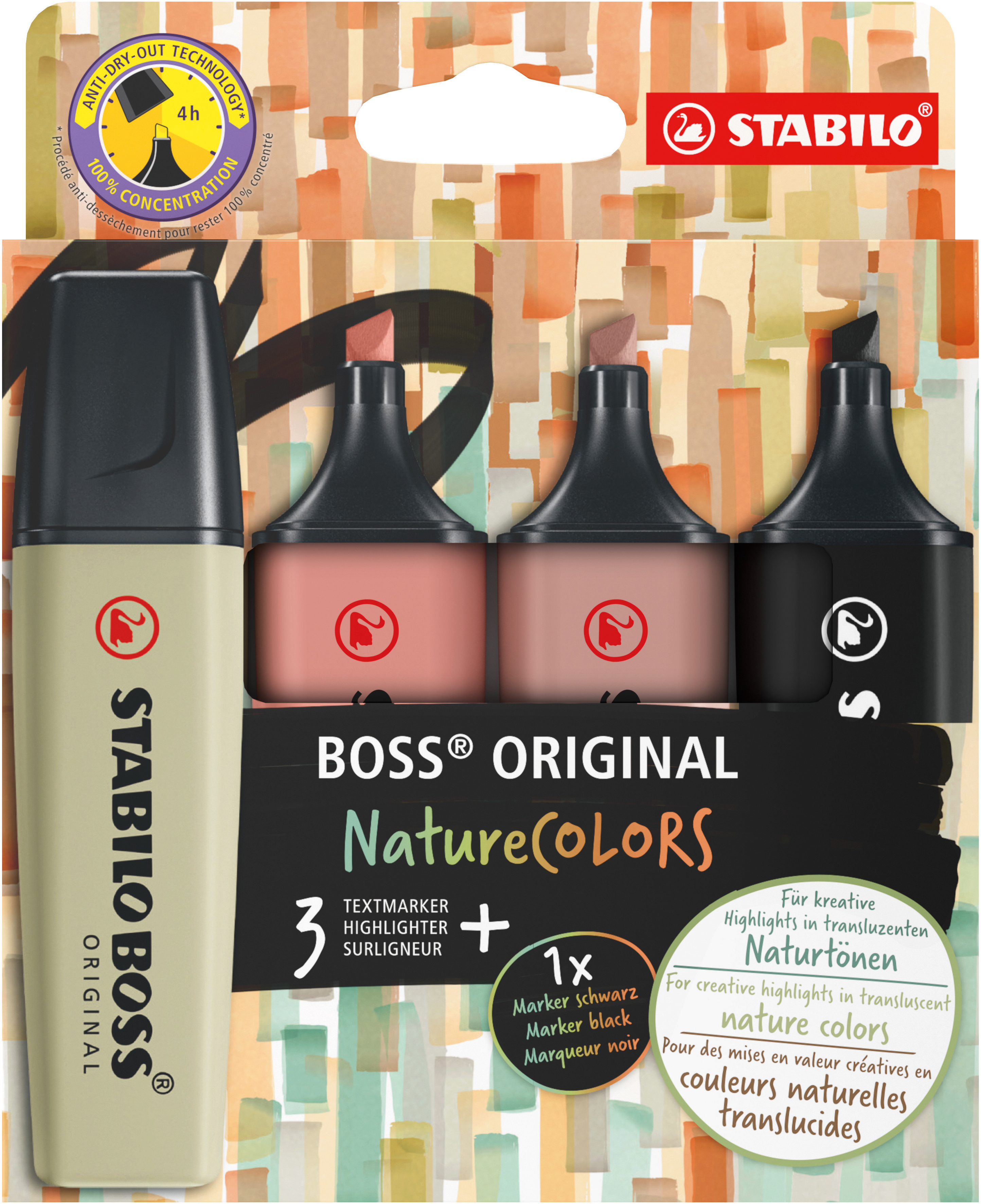 STABILO Boss Surligneur Original 70/4-2-3 Nature Colors 3 + 1 noir