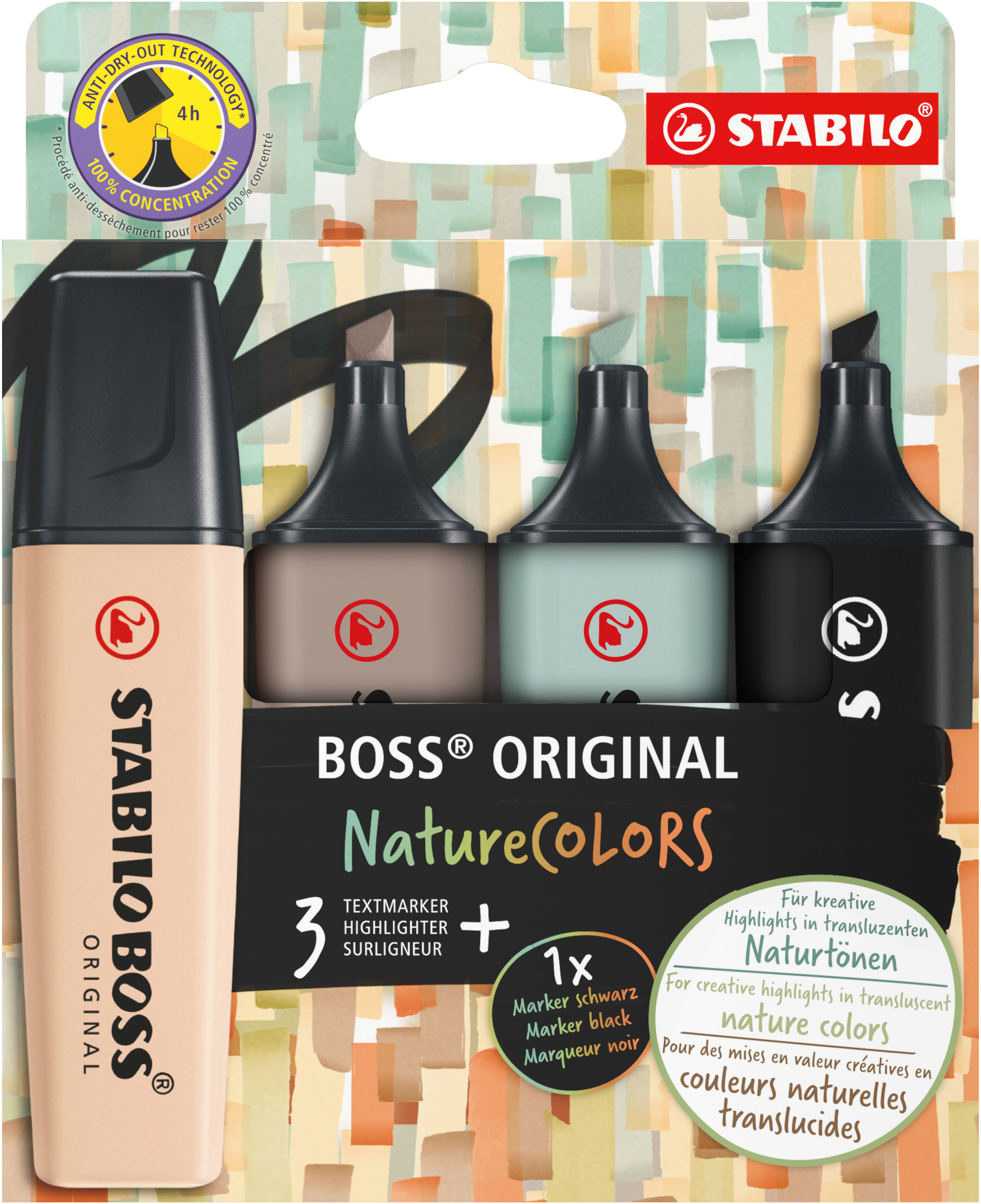 STABILO Boss Surligneur Original 70/4-2-5 Nature Colors 3 + 1 noir