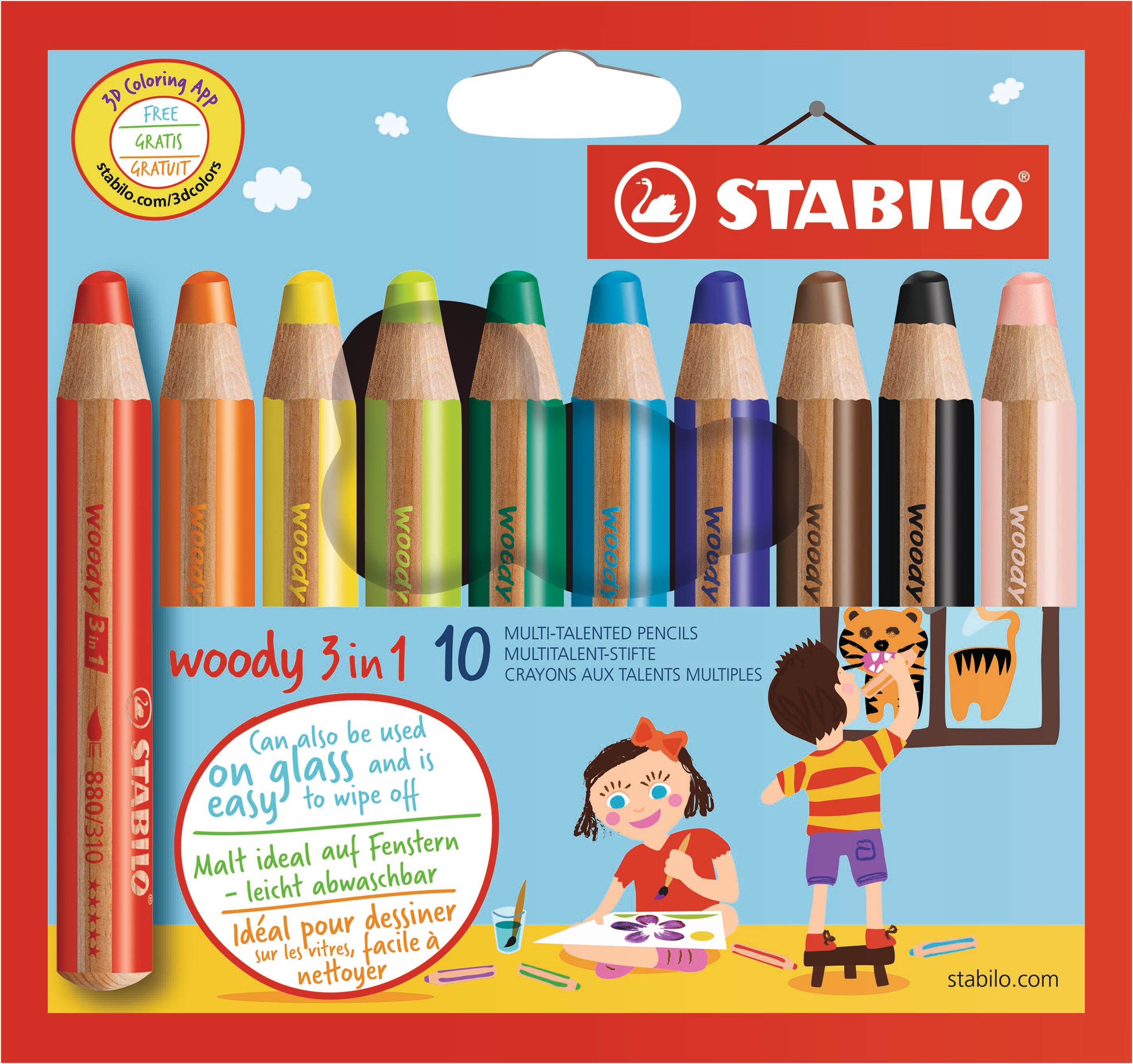 STABILO Crayon de couleur Woody 880/10 3in1, étui de 10 3in1, étui de 10