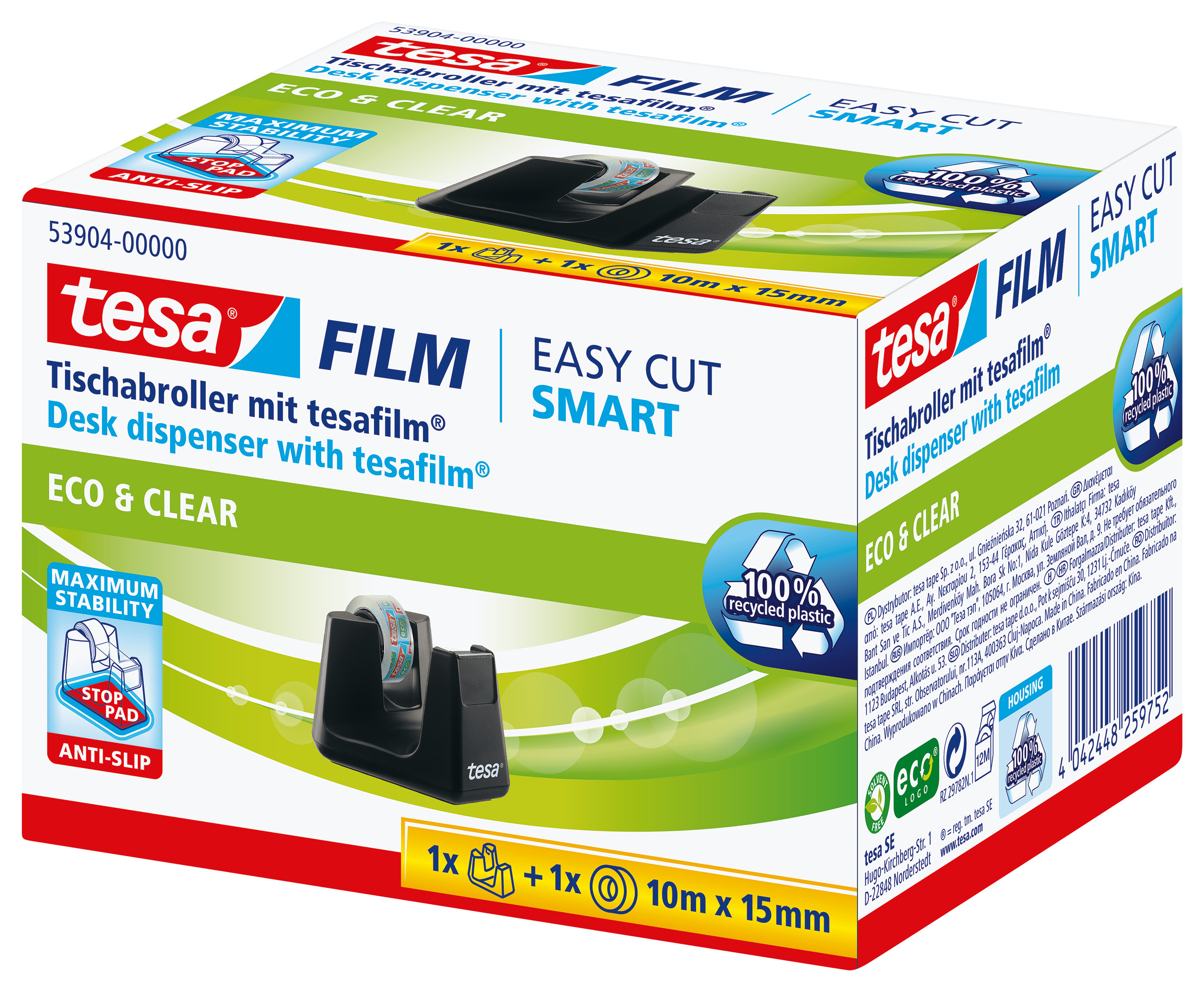 TESA Dérouleur Easy Cut ecoLogo 539040000 Smart, noir, 1 roul.eco&clear