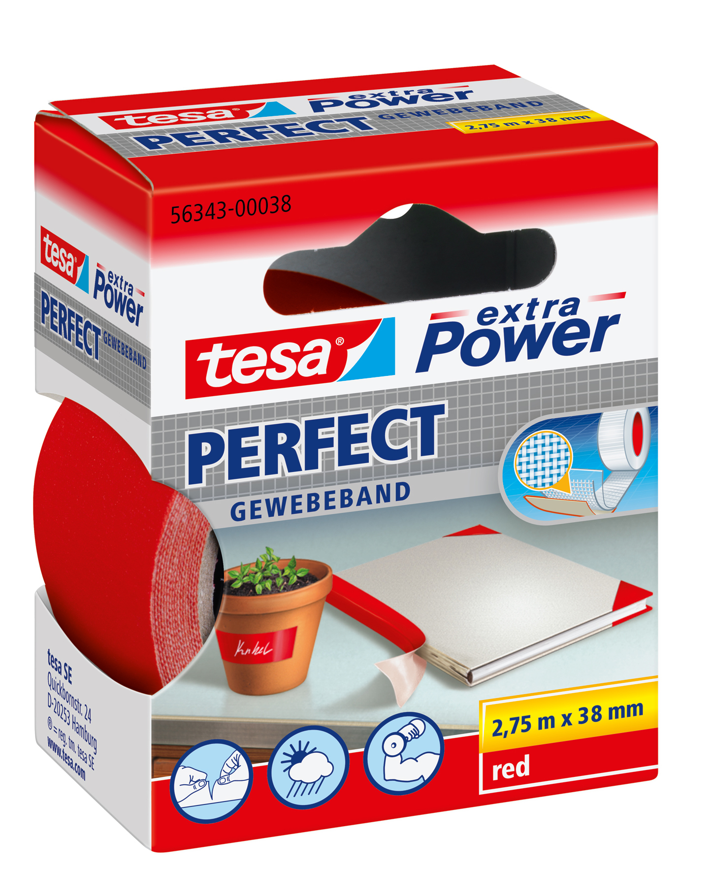 TESA Extra Power Perfect 2.75mx38mm 563430003 Ruban textil. rouge