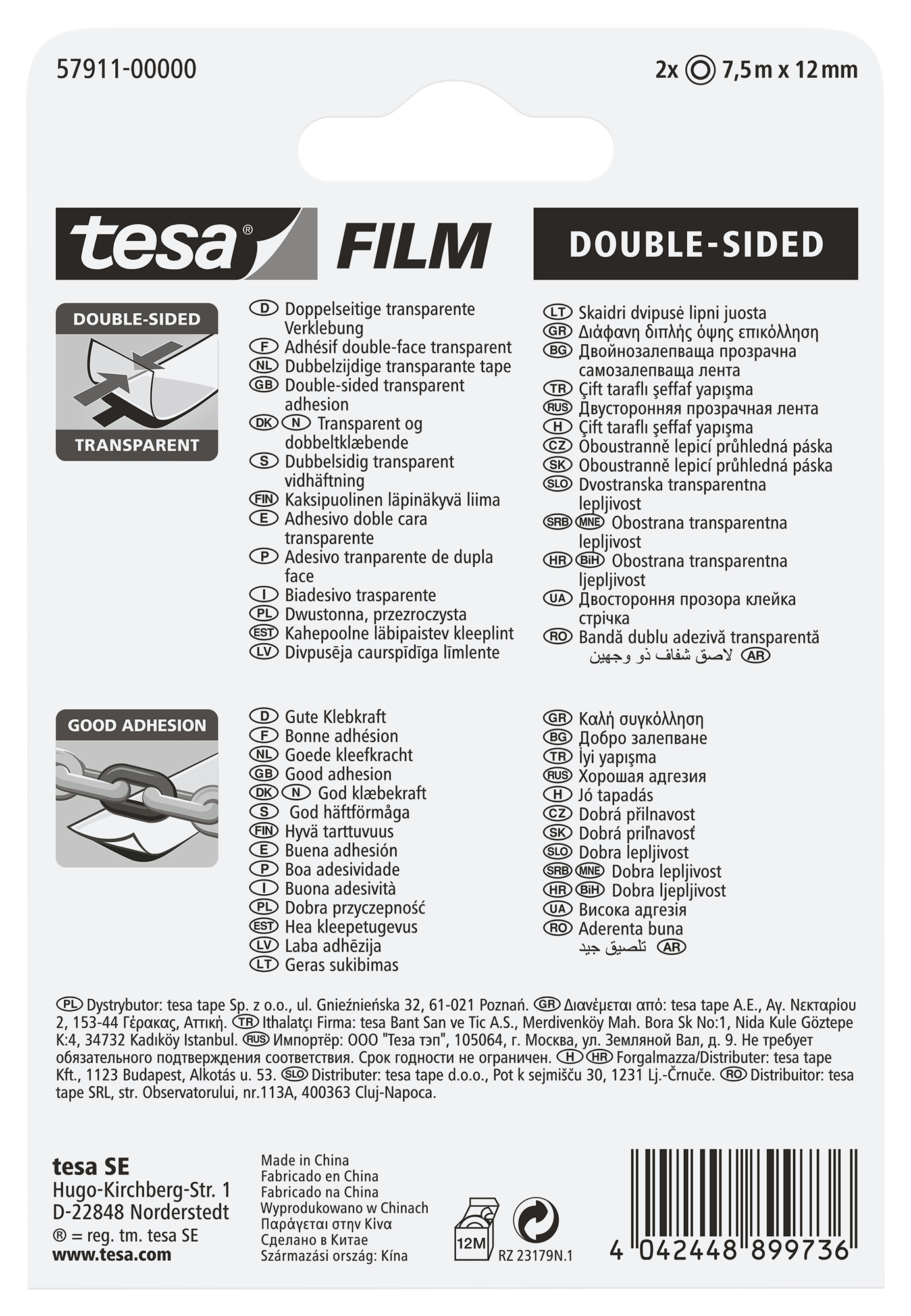 TESA Ruban adhés.tesafilm 12mmx7.5m 579110000 transp.,double-f.Blister 2pcs.