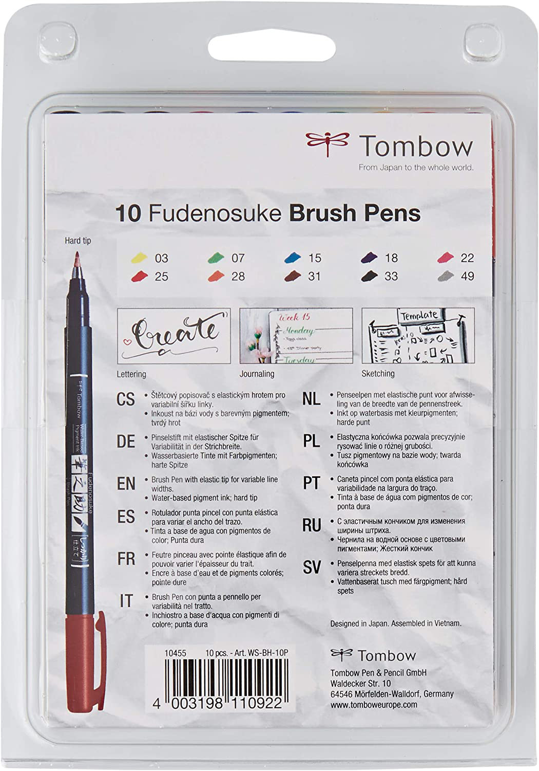 TOMBOW Stylo de calligraphie set WS-BH-10P Fudenosuke, 10 couleurs