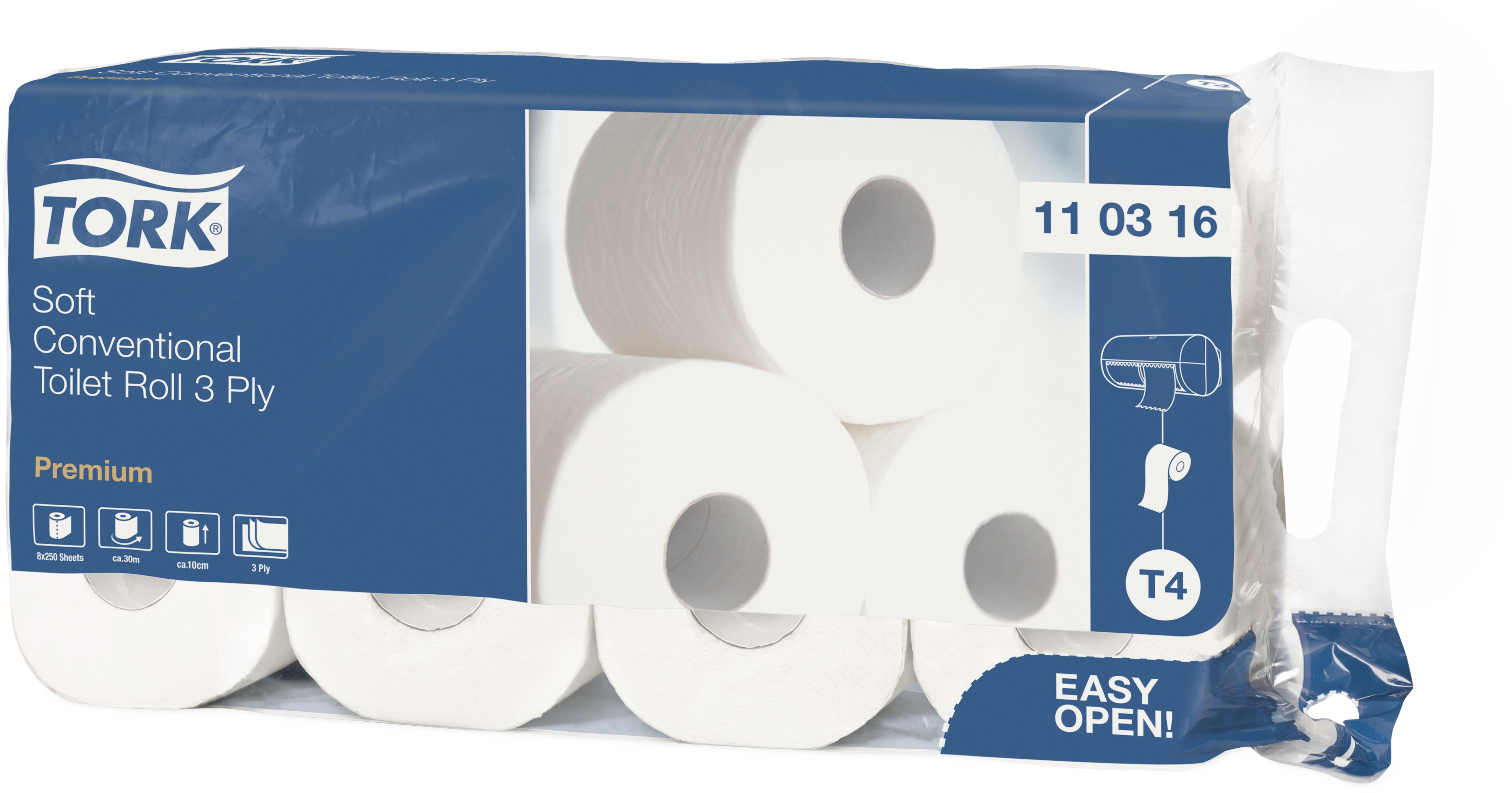 photo TORK Papier Toilette T4 110316 3-plis 8 Rouleau à 250 Feuille