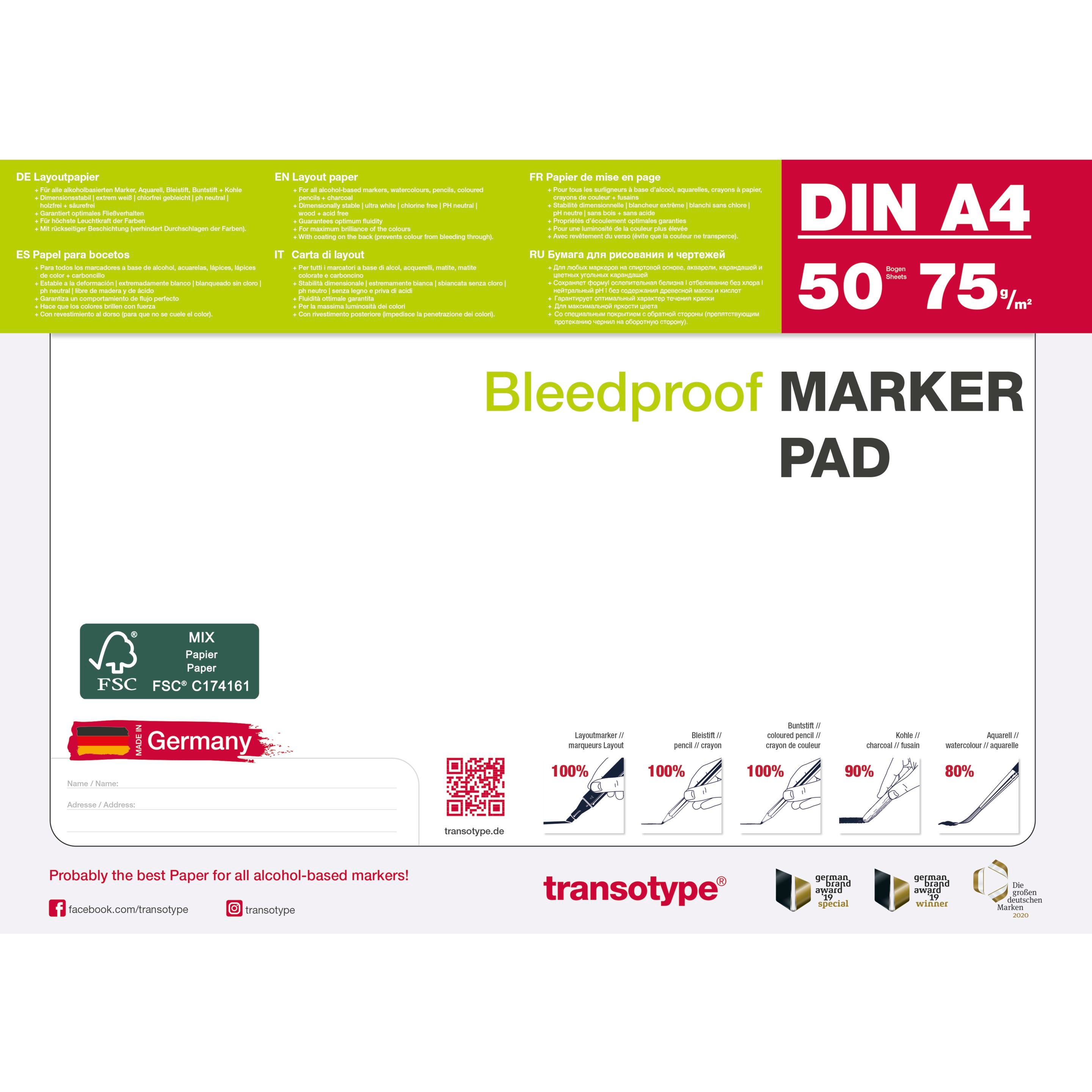 TRANSOTYPE Marker pad A4 25001 75g, blanc 50 feuilles