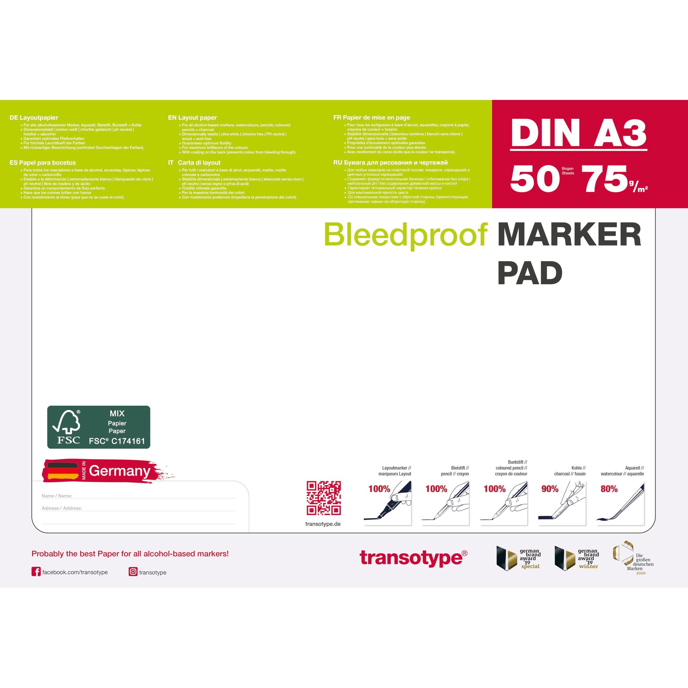 TRANSOTYPE Marker pad A3 25002 75g, blanc 50 feuilles