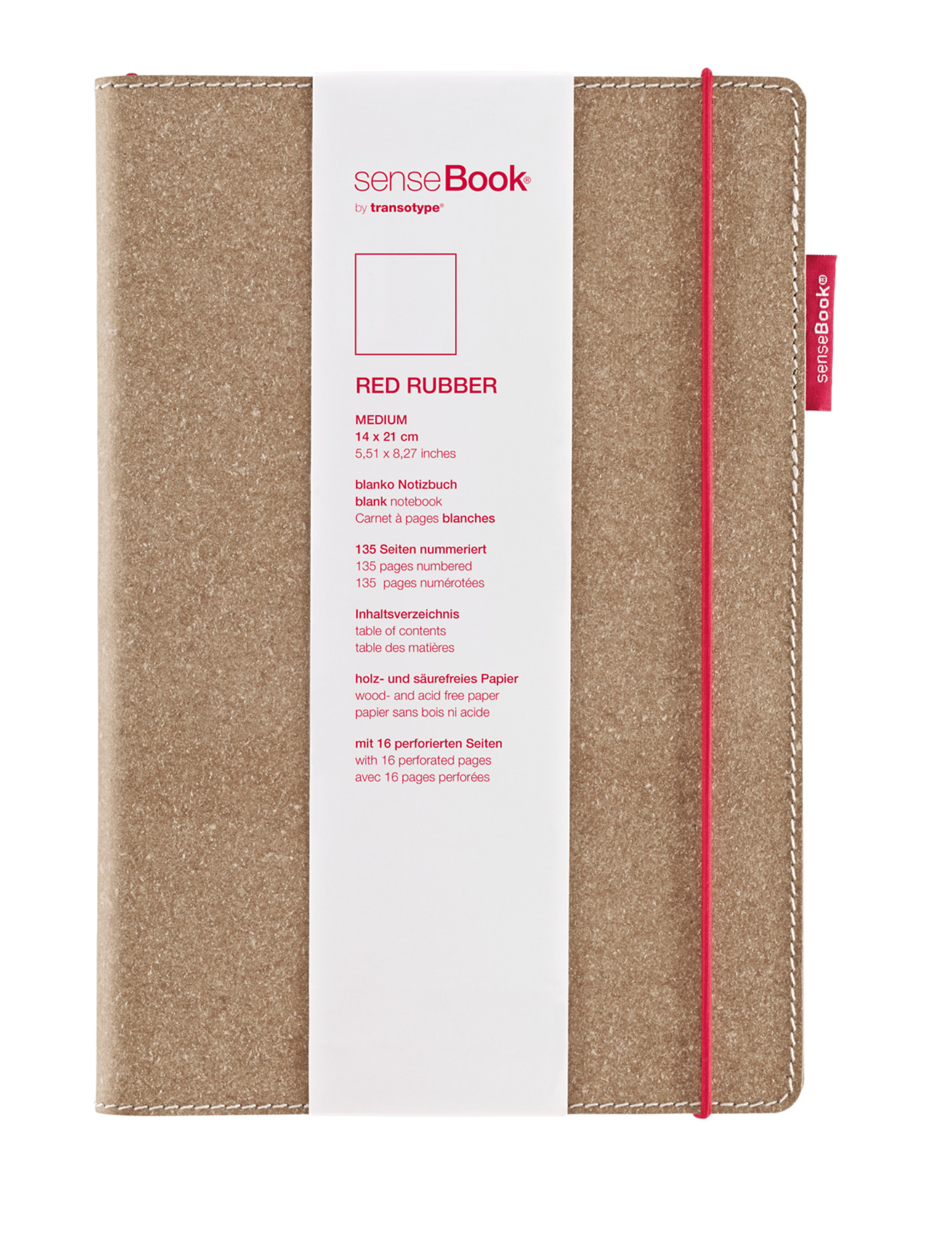 TRANSOTYPE senseBook RED RUBBER A5 75020502 quadr., M, 135 feuilles beige