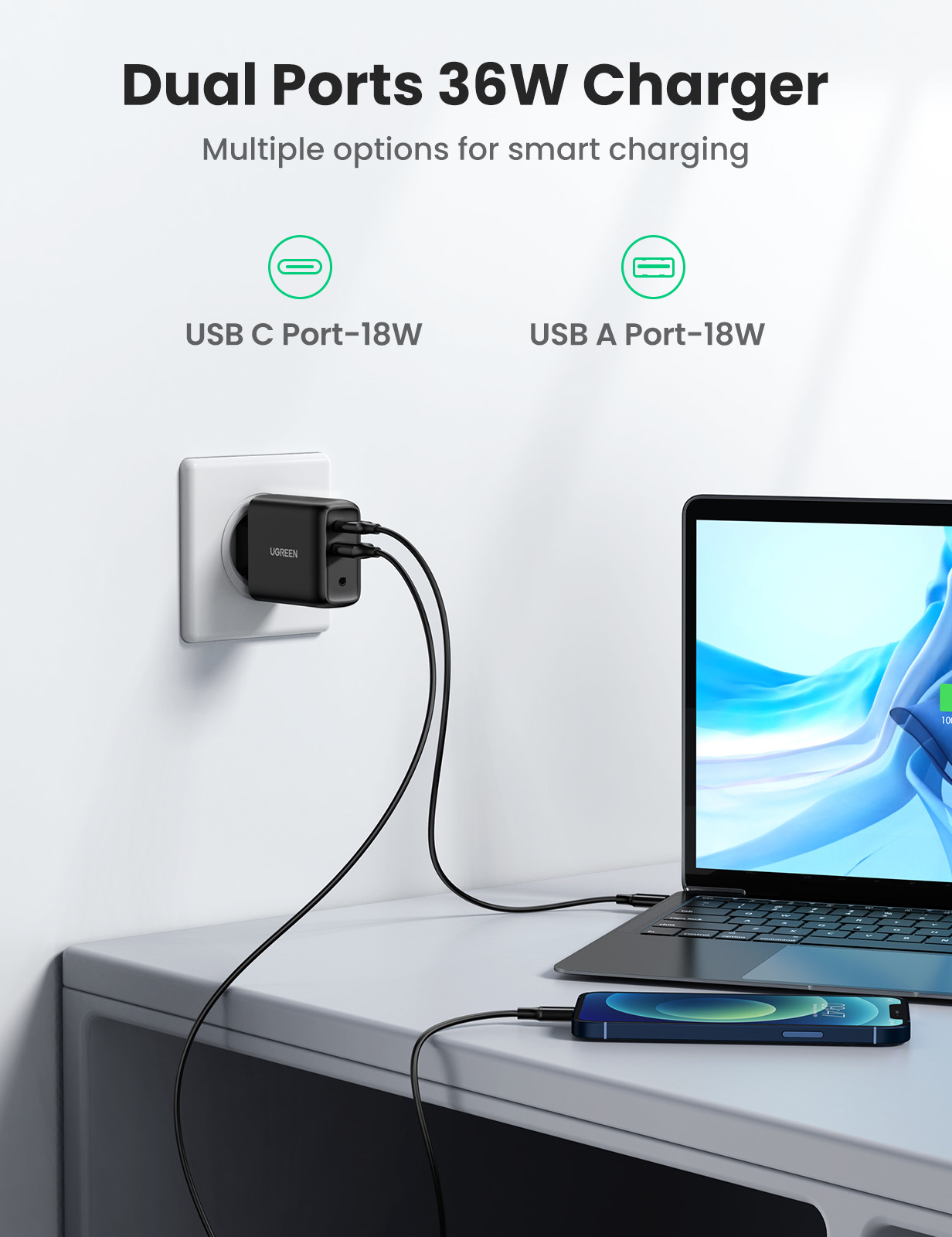 UGREEN USB Wall Charger 36W 2-Port 10217 PD 1xUSB-C,1xUSB-A,Black