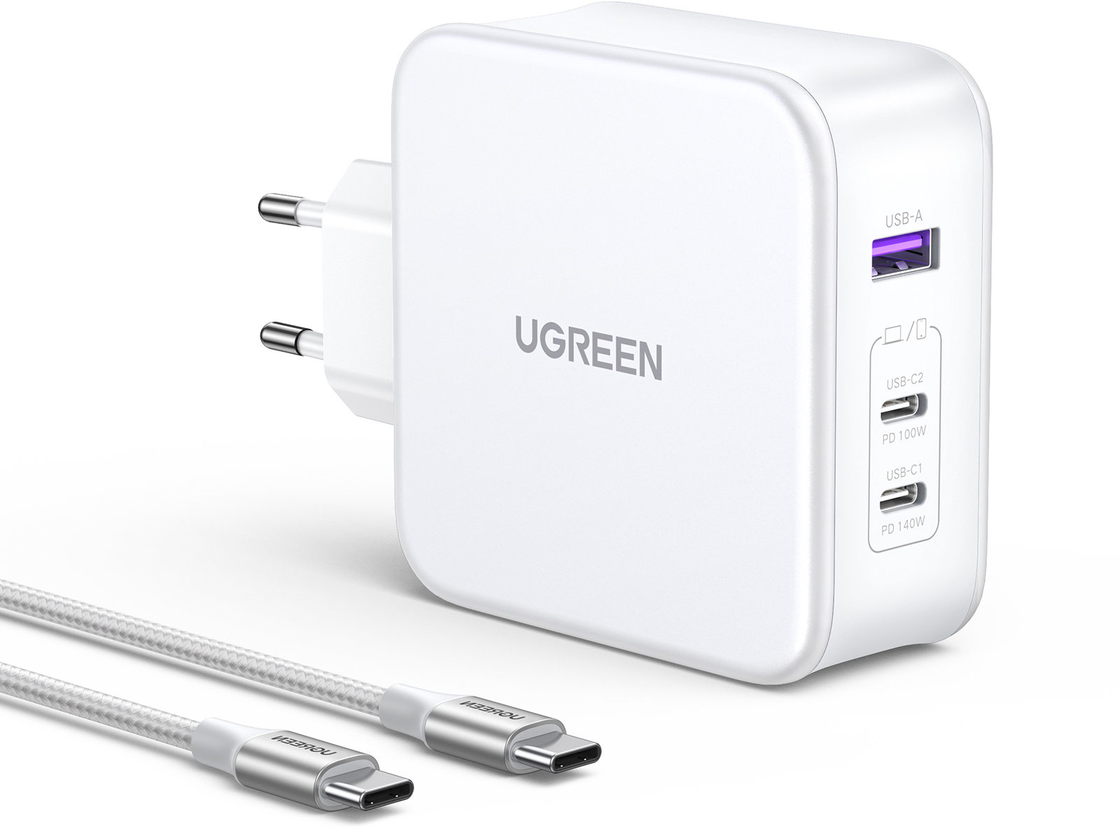 UGREEN USB Wallcharger Nexode 140W 15339 3-Port, GaN,1.5M Cable, Wh.