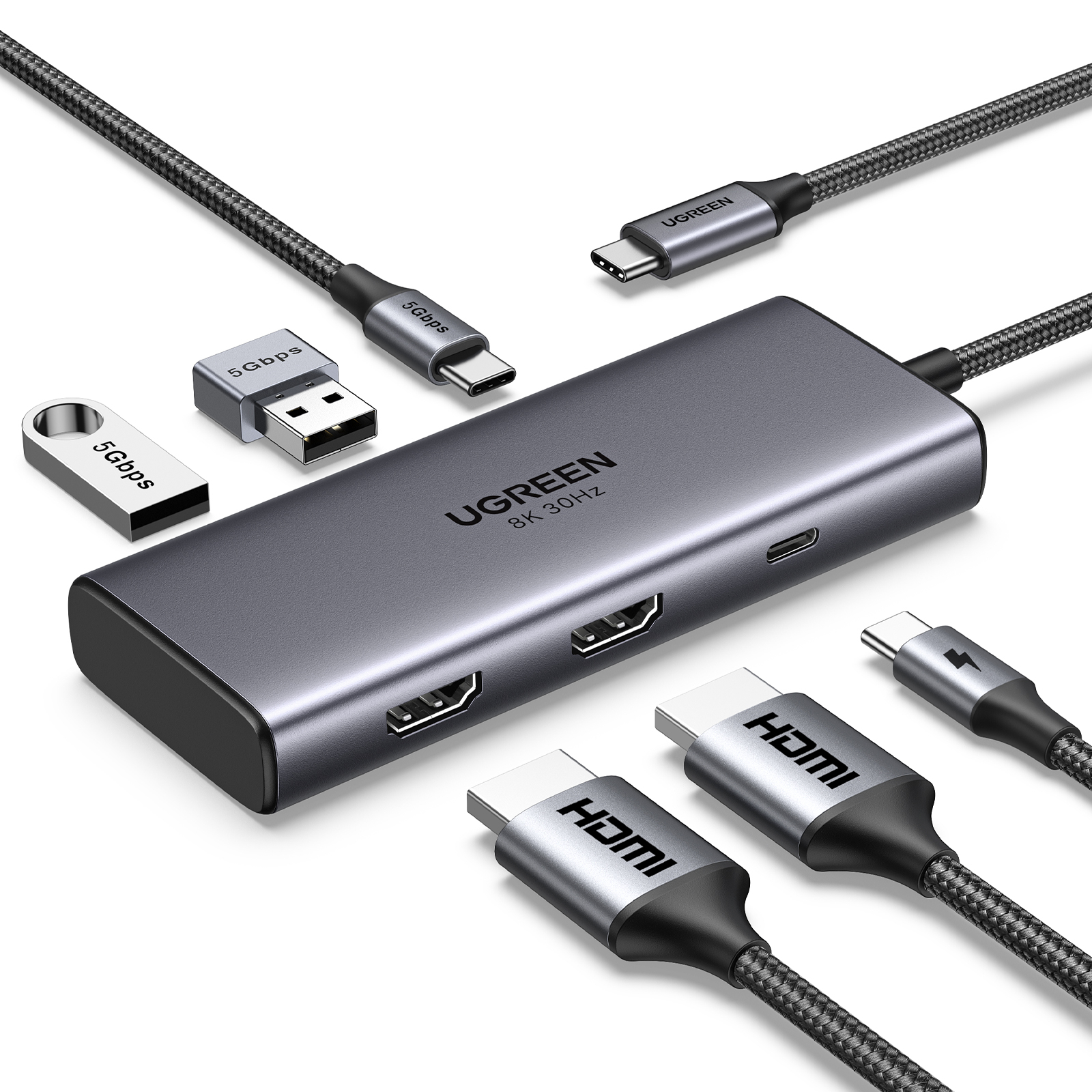 photo UGREEN Hub 6-in-1, 2x USB-A 3.0 15852 USB-C 3.0,2xHDMI, PD